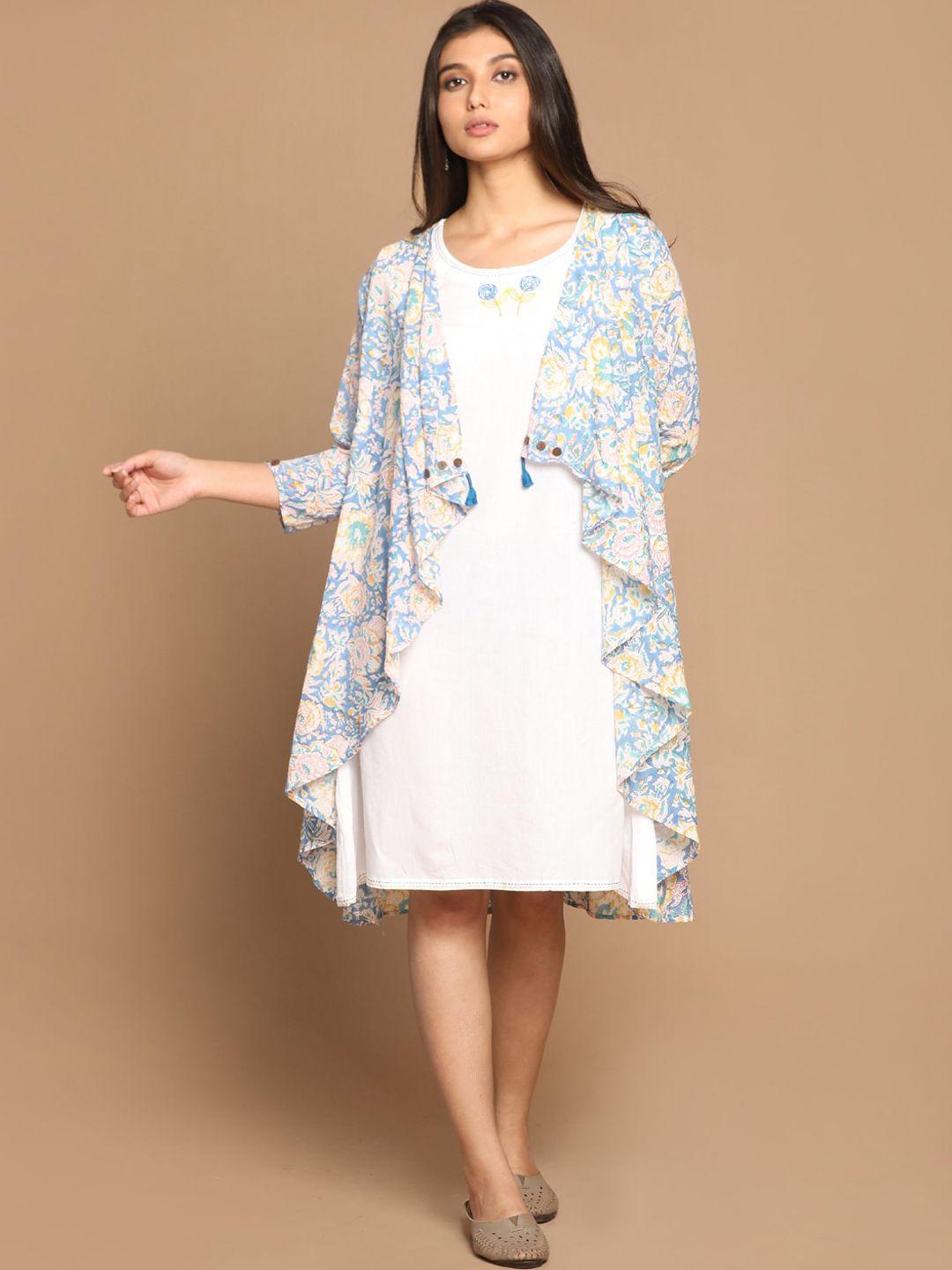 earthwear women white & blue sleeveless cotton hand-embroidered kurta with block printed asymmetrical shrug