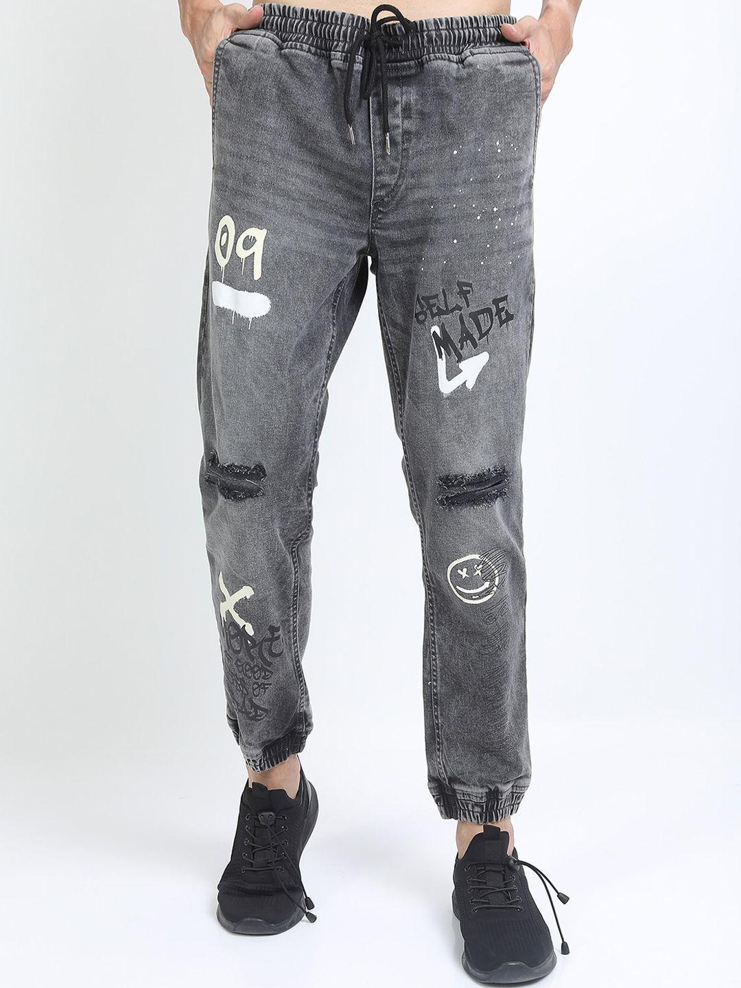 ketch men grey jogger mildly distressed heavy fade printed stretchable jeans