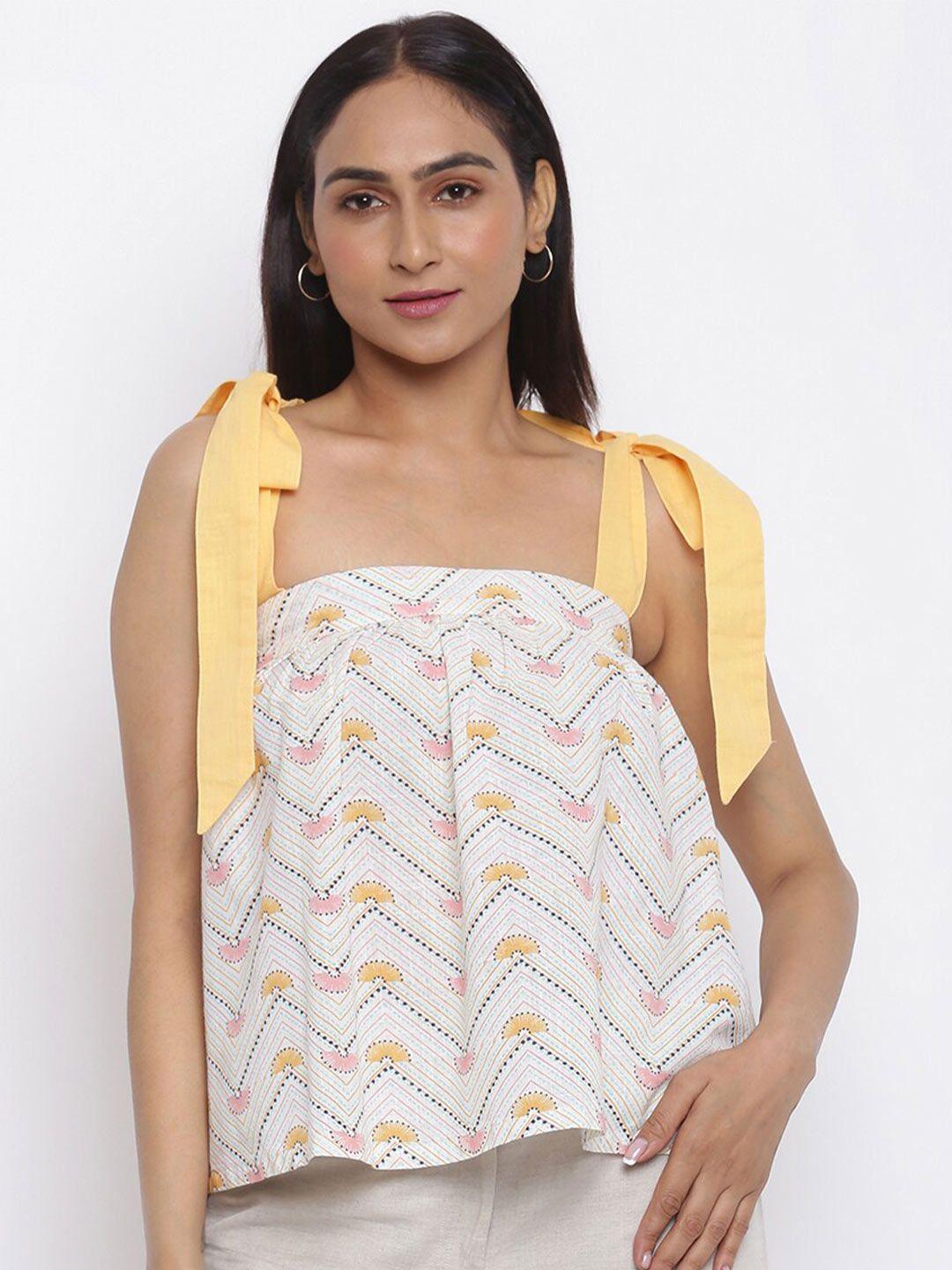 fabindia  women off-white cotton  print tie up shoulder top