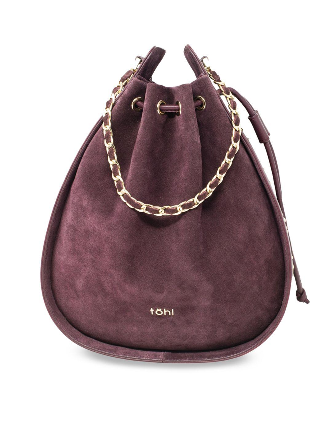 tohl maroon leather bucket hobo bag with cut work