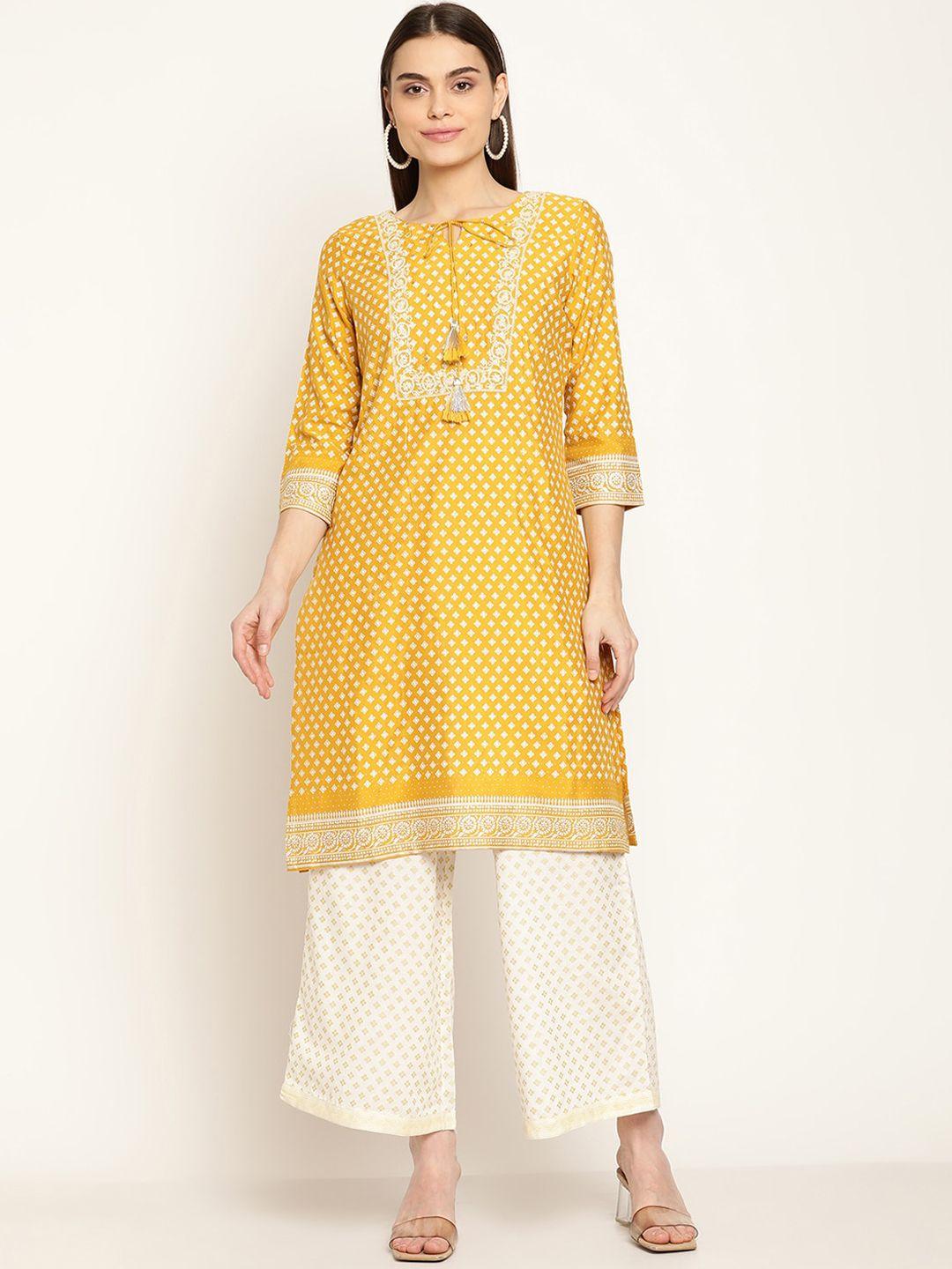 cantabil women mustard yellow printed kurta with palazzos