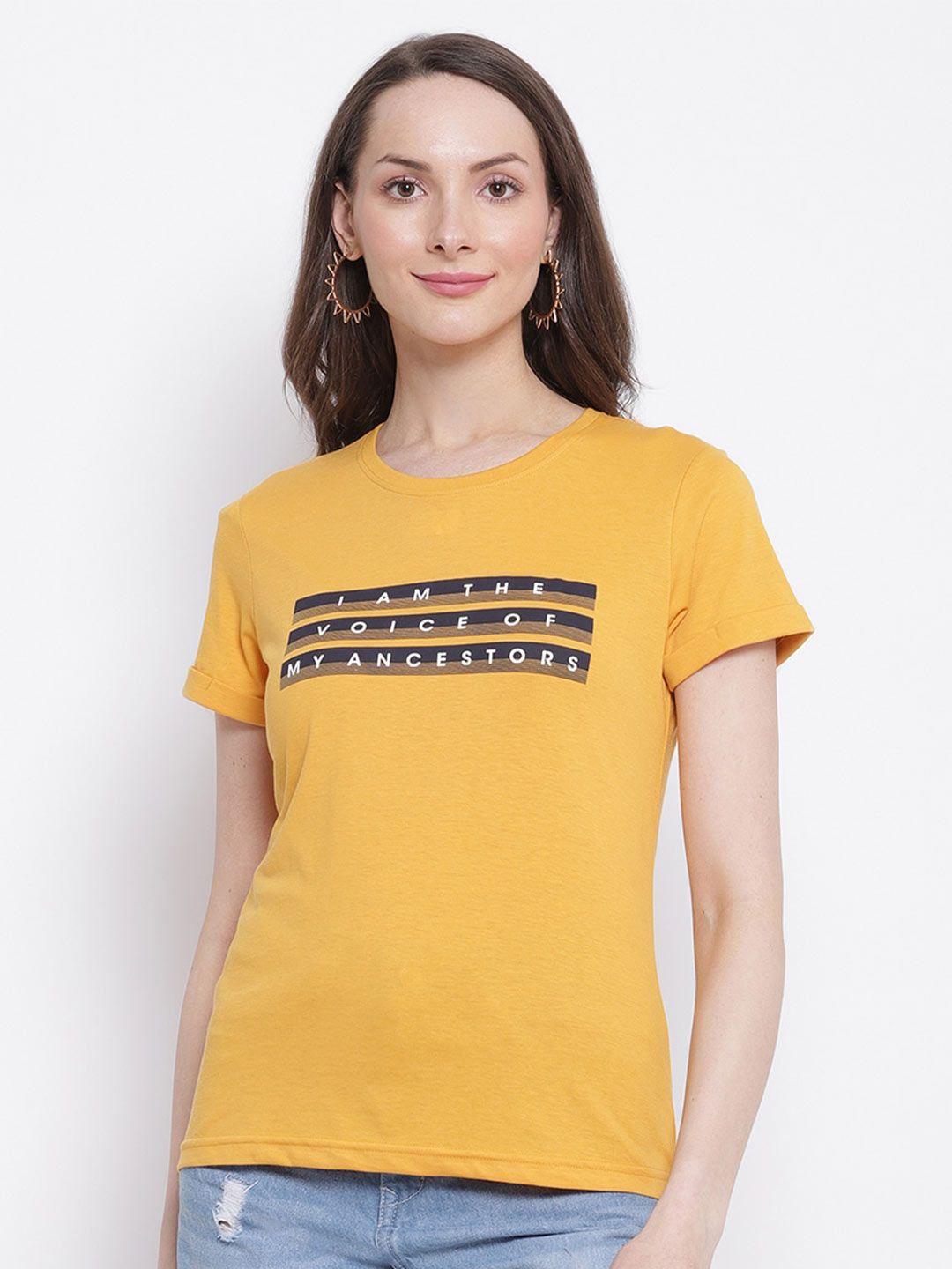 cantabil women mustard yellow typography printed t-shirt