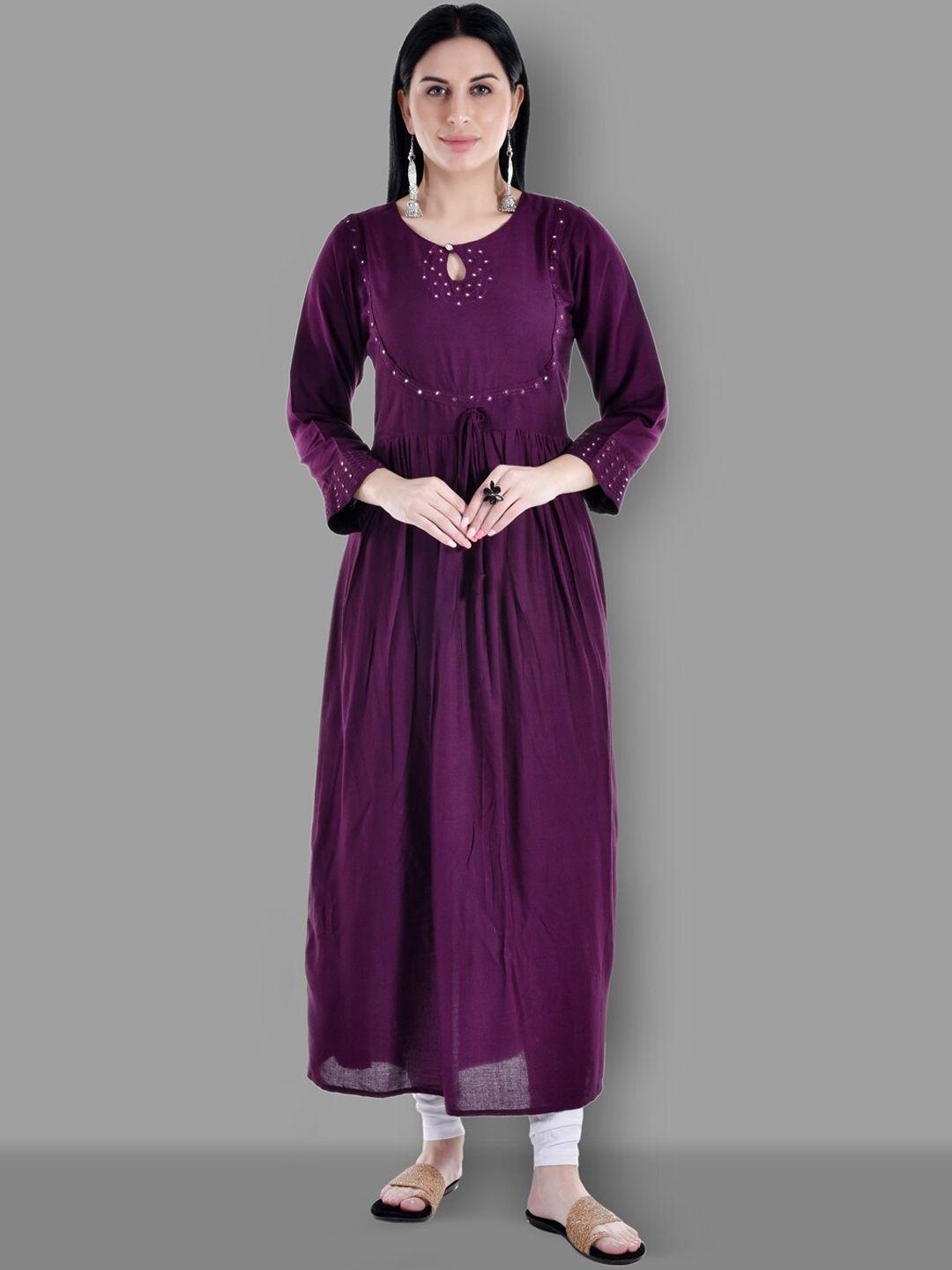 ziva fashion women purple embellished keyhole neck mirror work anarkali kurta