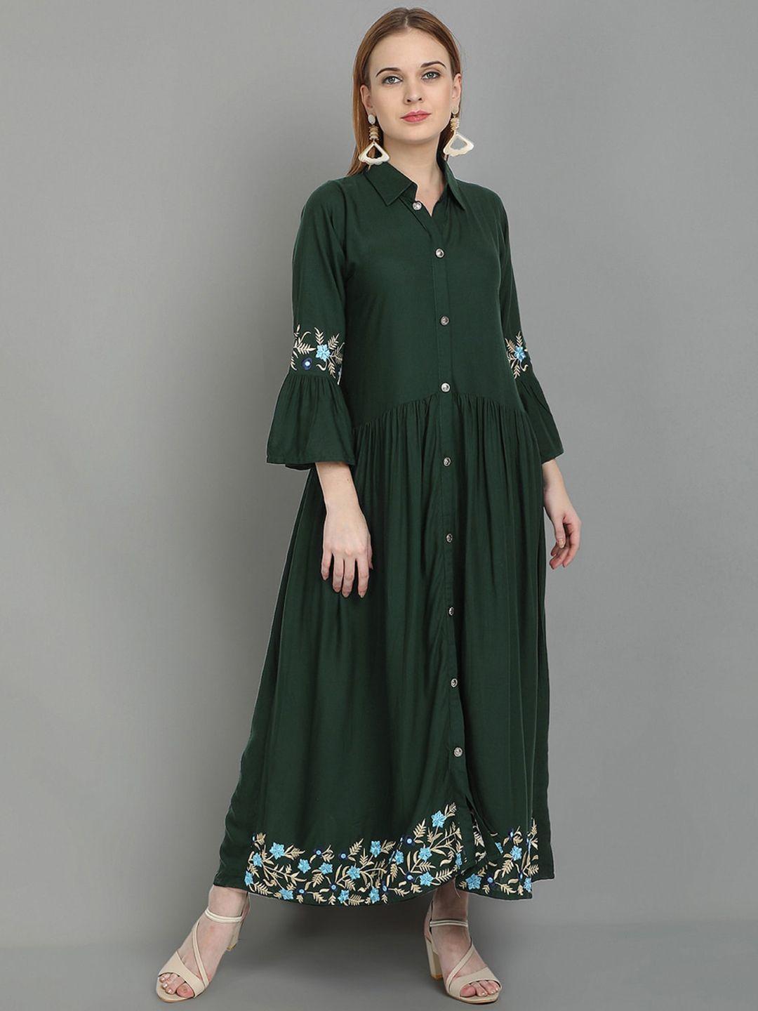 ziva fashion women green floral thread work kurta