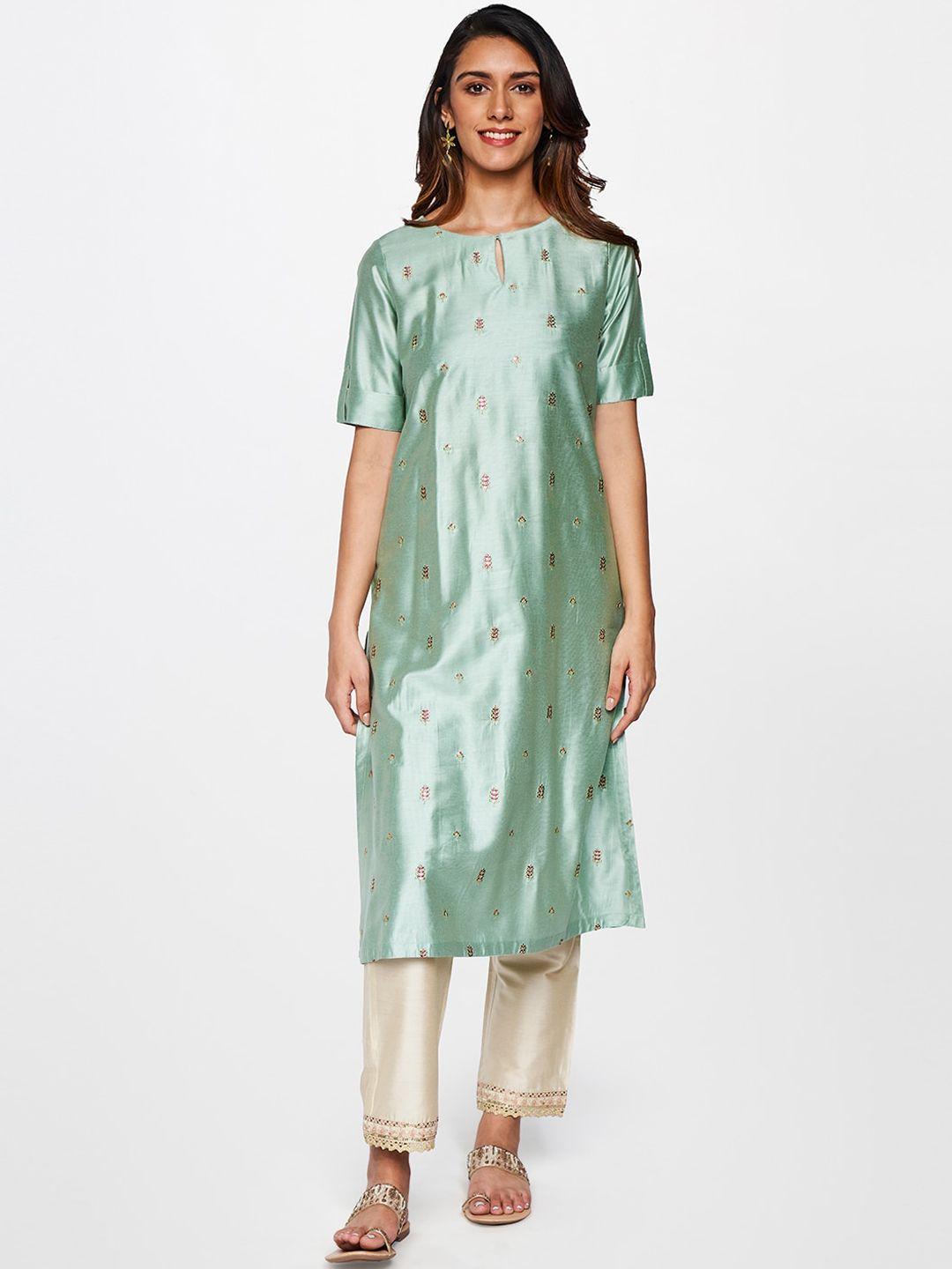 itse women sea green floral embroidered thread work floral kurta