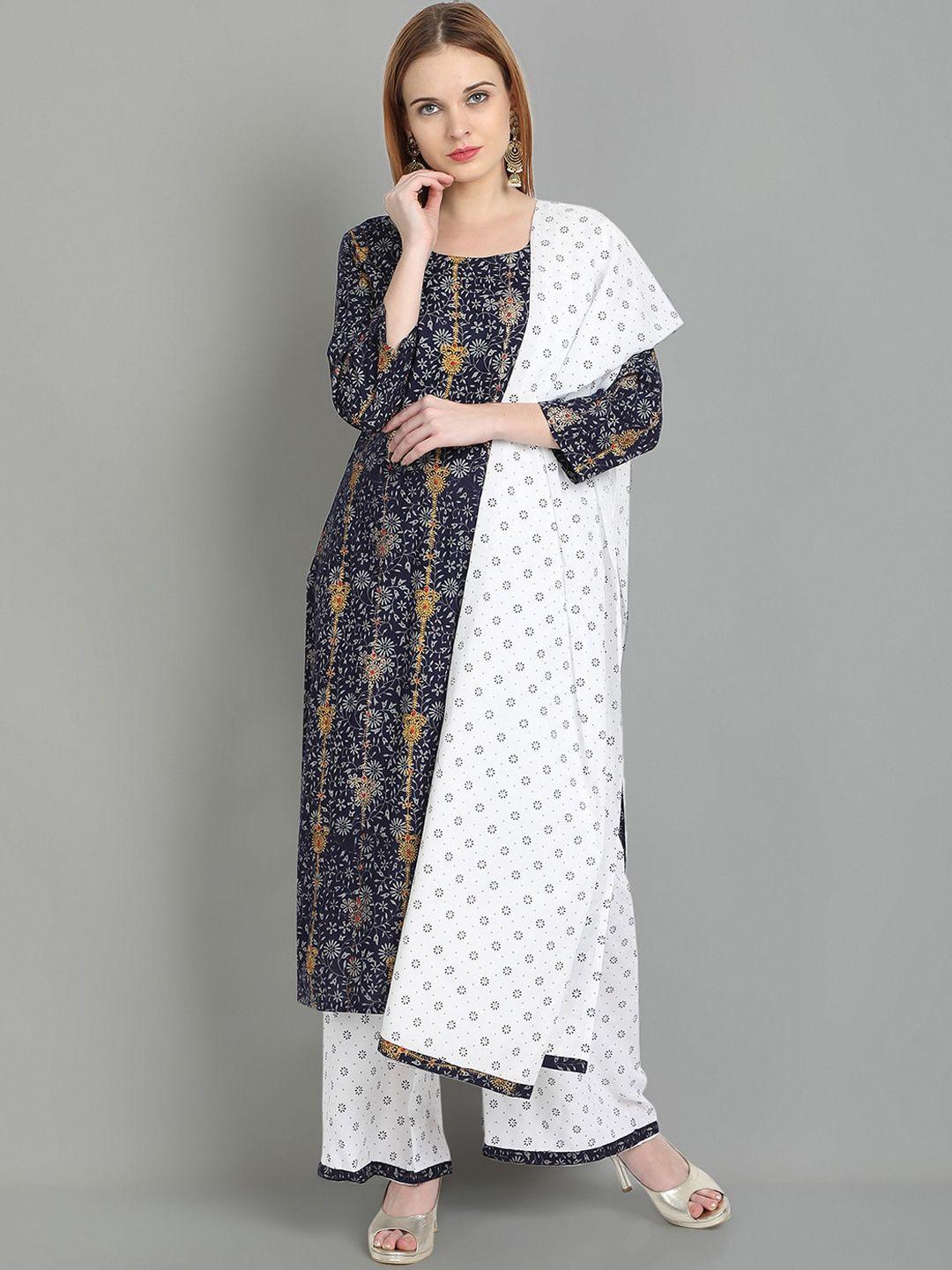 ziva fashion women blue ethnic motifs printed kurta with palazzos & with dupatta