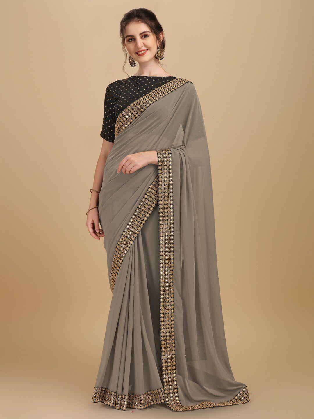 inddus taupe & gold-toned sequinned border saree