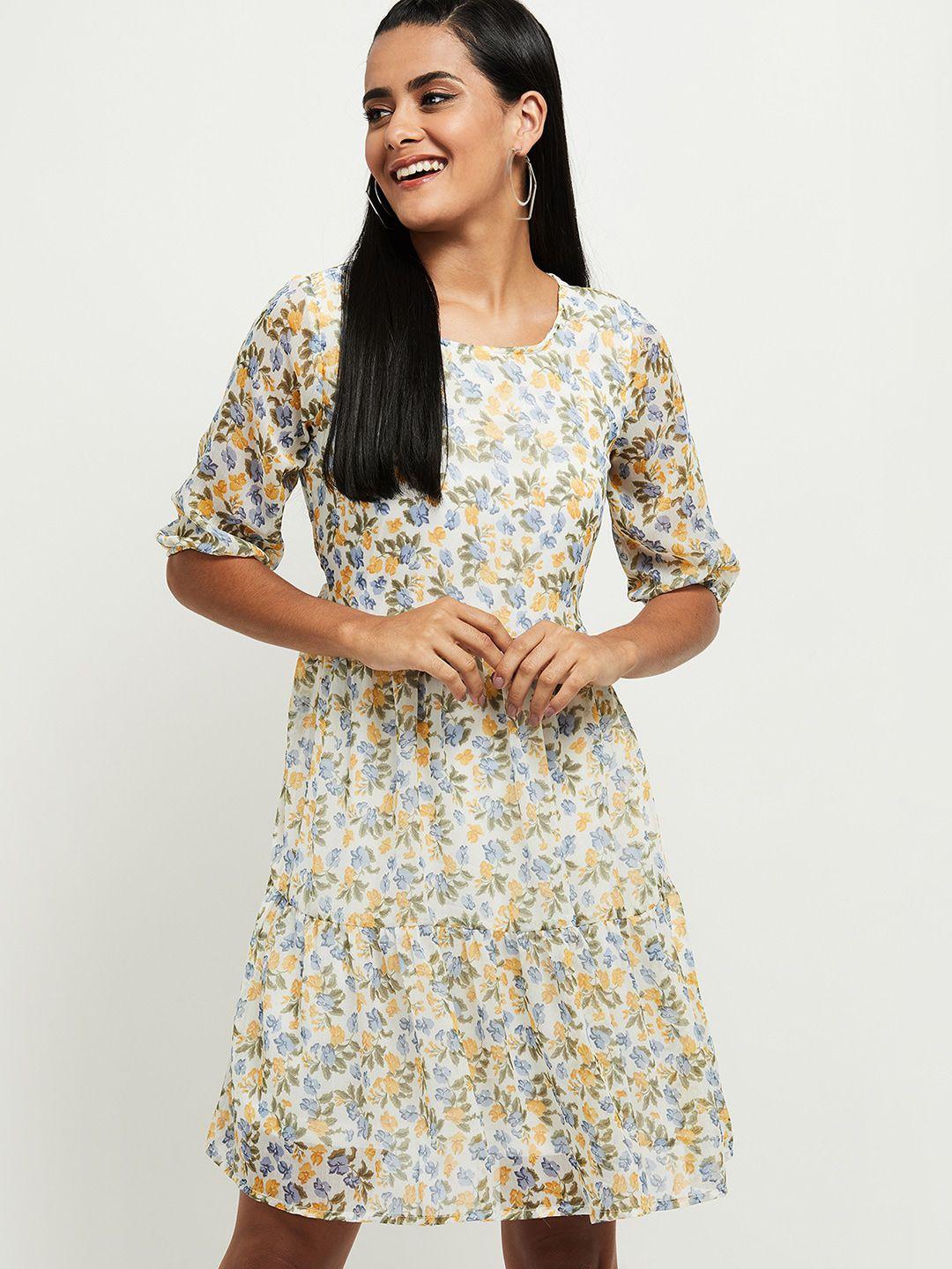 max white & multicoloured floral keyhole neck fit and flare dress