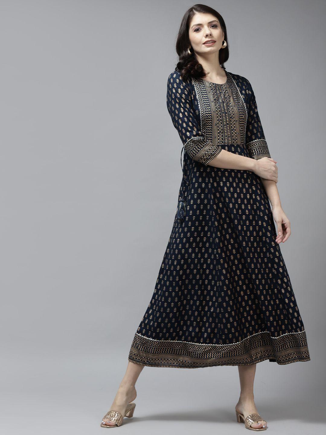 yufta navy blue & beige ethnic motifs ethnic a-line midi dress