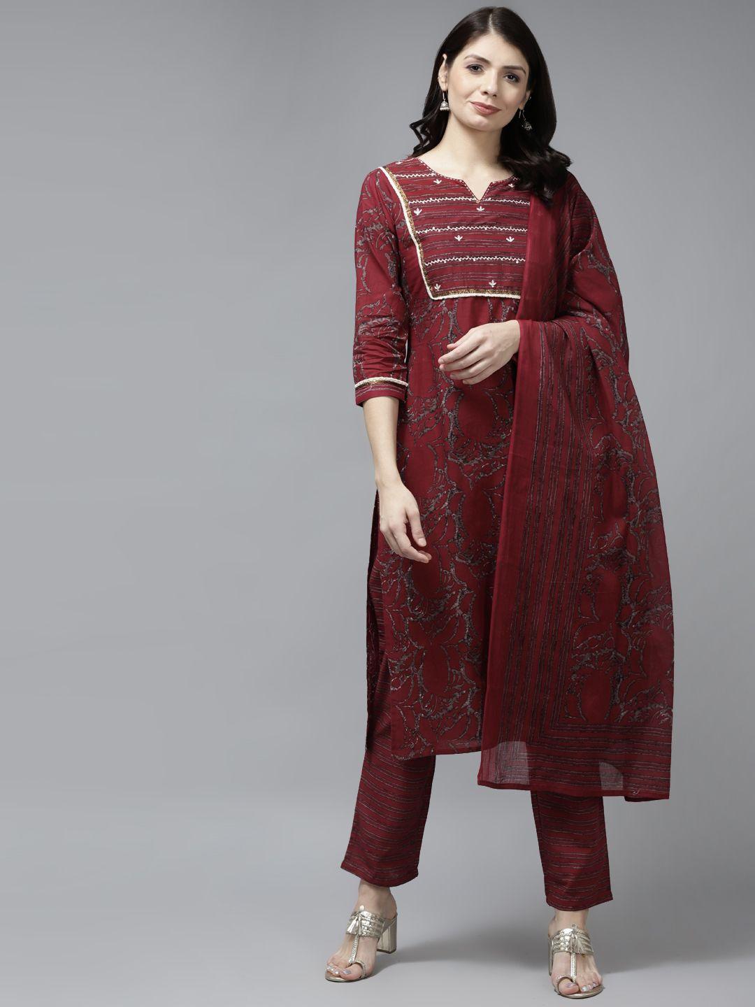 yufta women maroon printed pure cotton kurta with palazzos & with dupatta