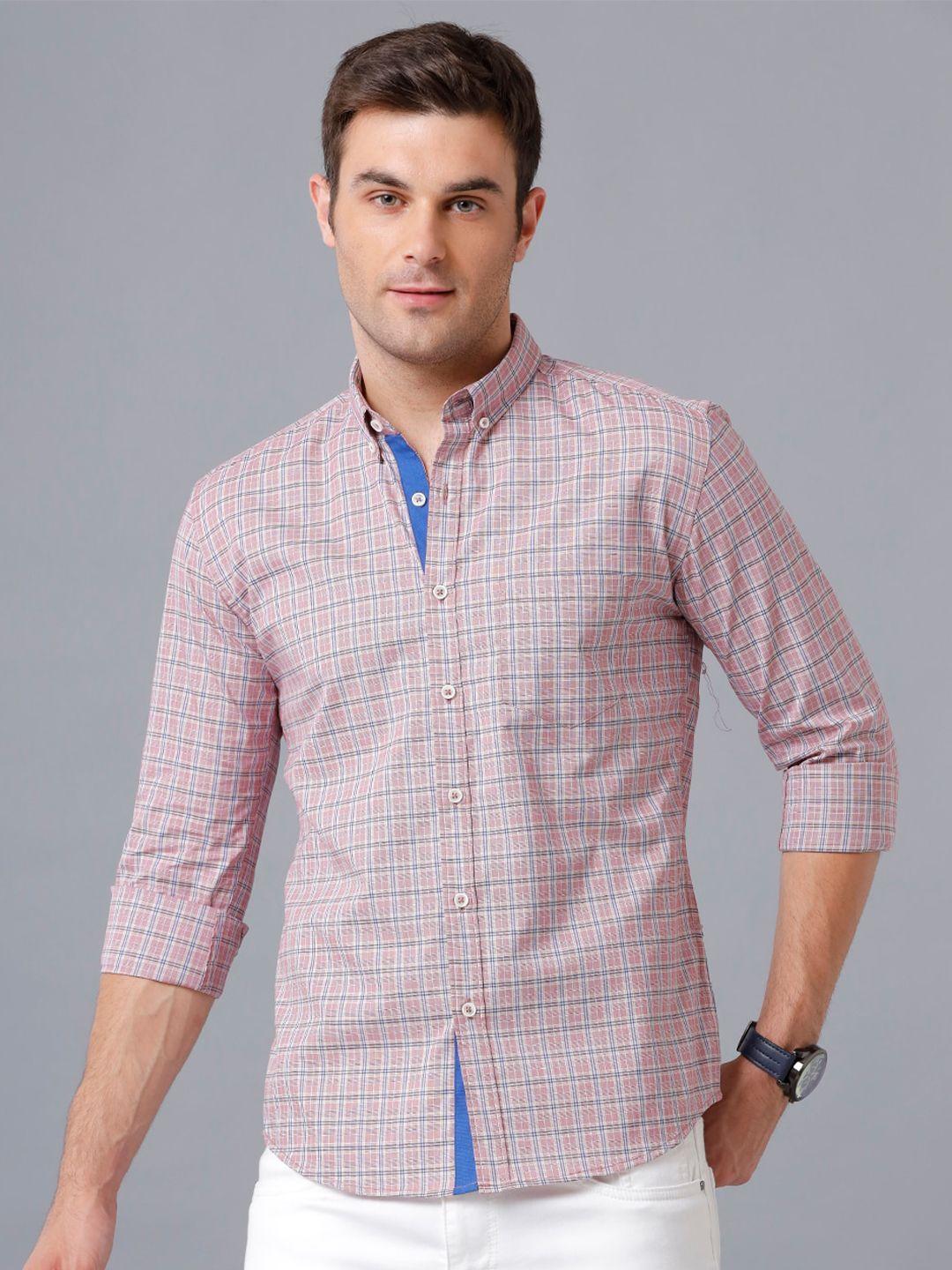 yovish men cream-coloured smart slim fit checked casual shirt