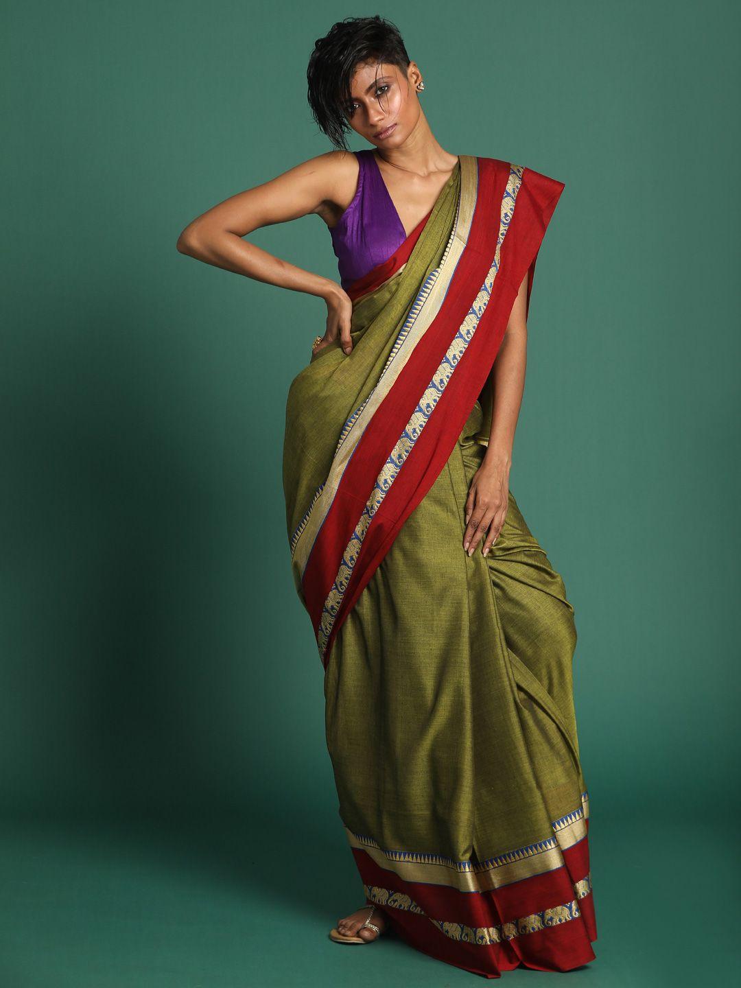 indethnic khaki & red pure cotton mangalagiri saree