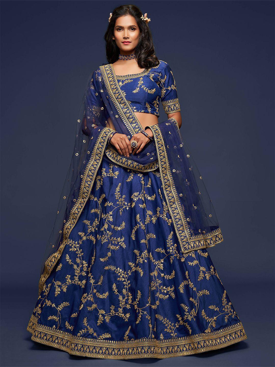 fabpixel blue embroidered semi-stitched lehenga & unstitched blouse with dupatta