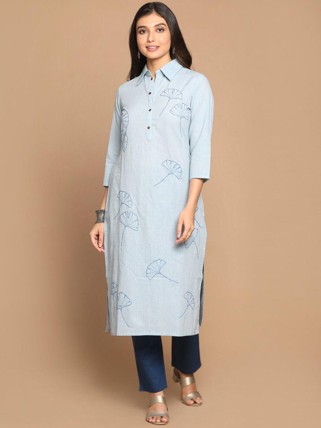 earthwear women blue embroidered thread work kurta