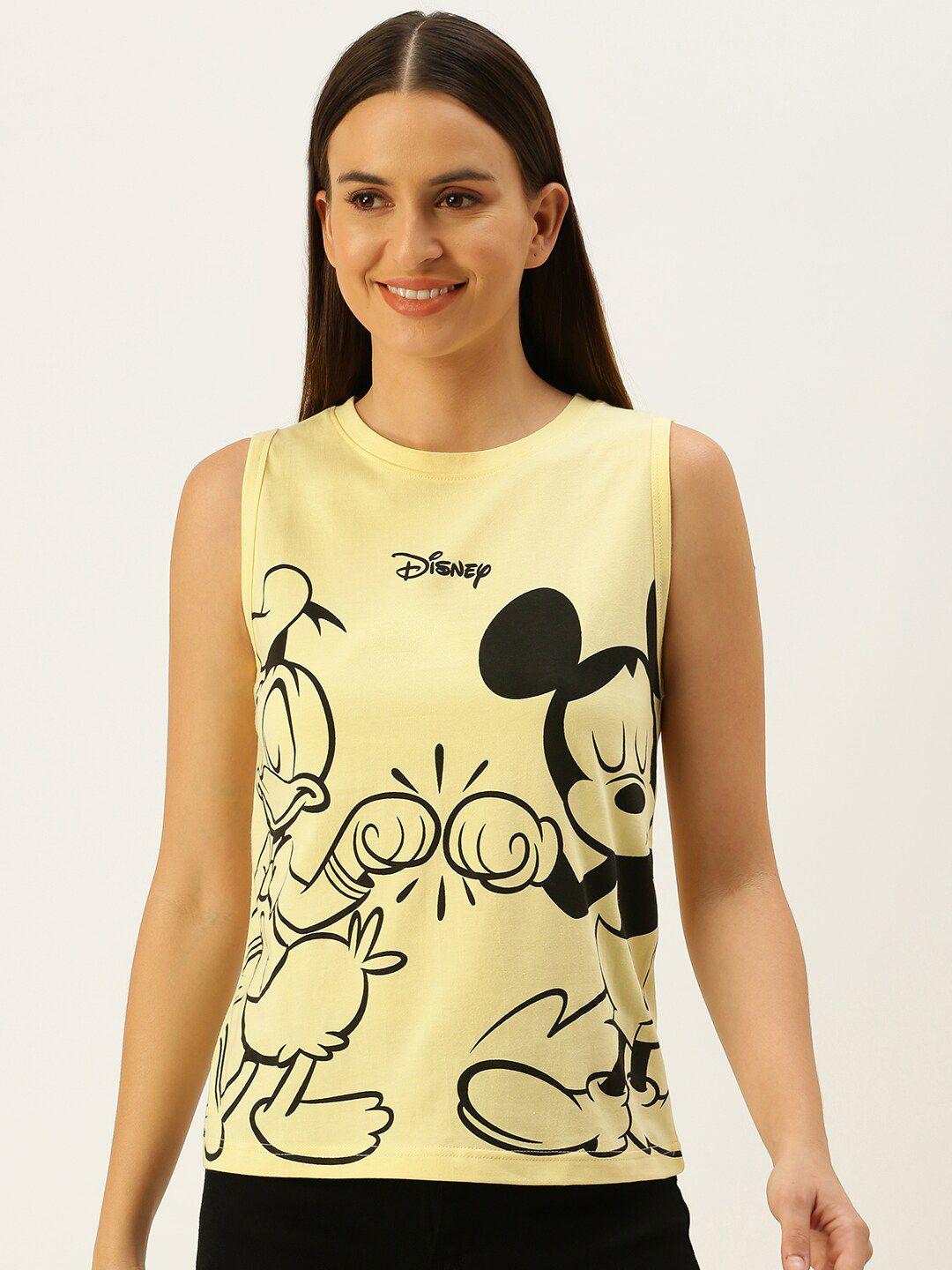 juneberry women yellow mickey mouse printed monochrome raw edge t-shirt