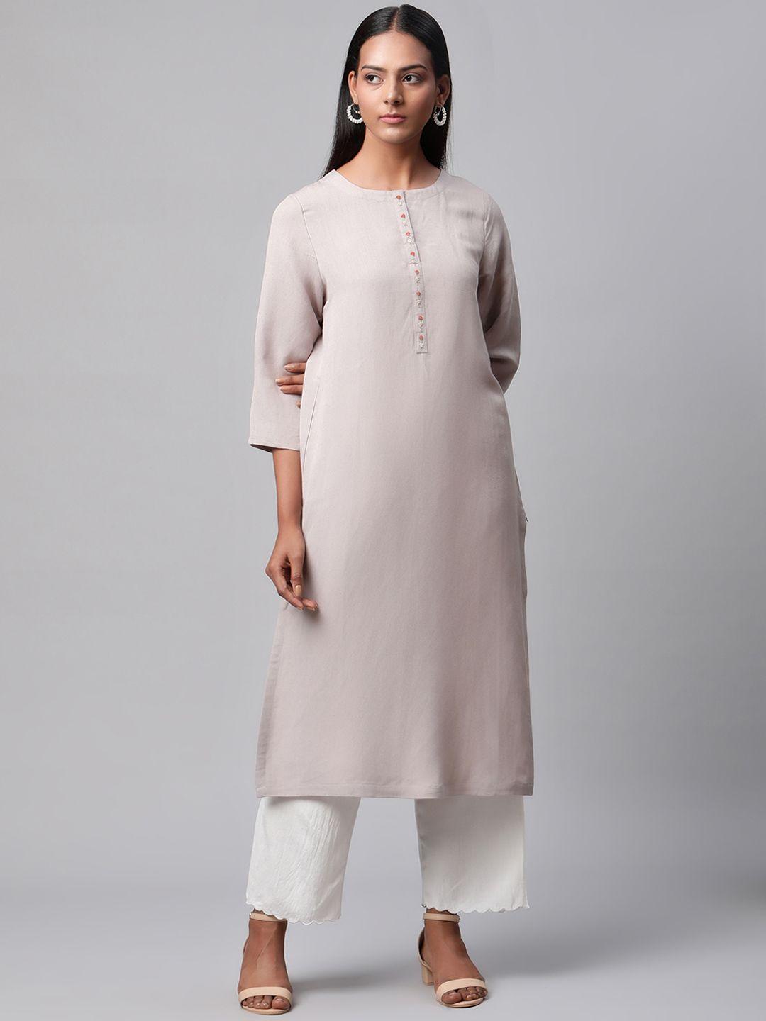 linen club woman women taupe thread work linen sustainable kurta