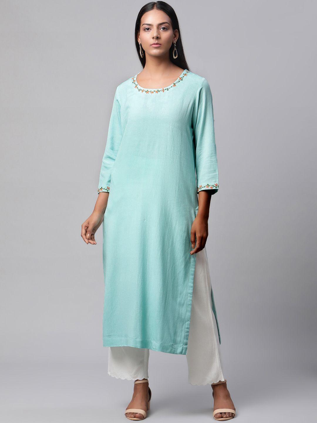 linen club woman women turquoise blue thread work linen kurta