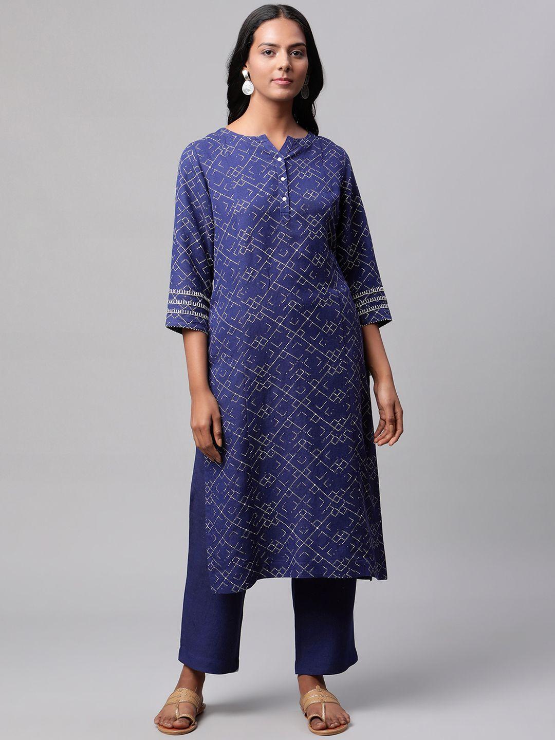 linen club woman women navy blue geometric printed linen sustainable kurta