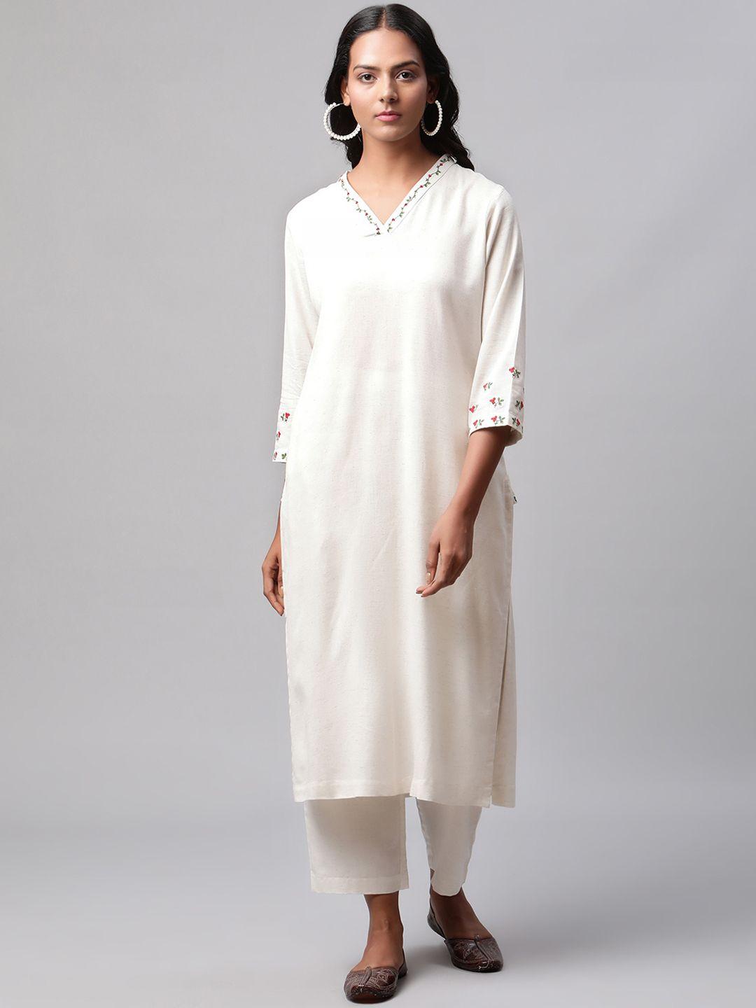 linen club woman women off white thread work linen kurta