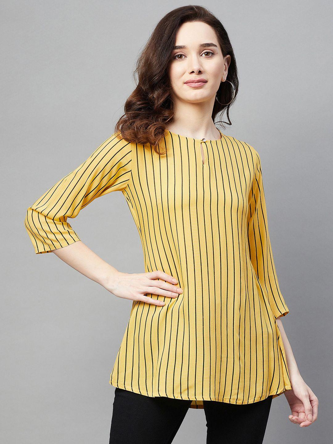 aarika women mustard yellow & black pure cotton striped top