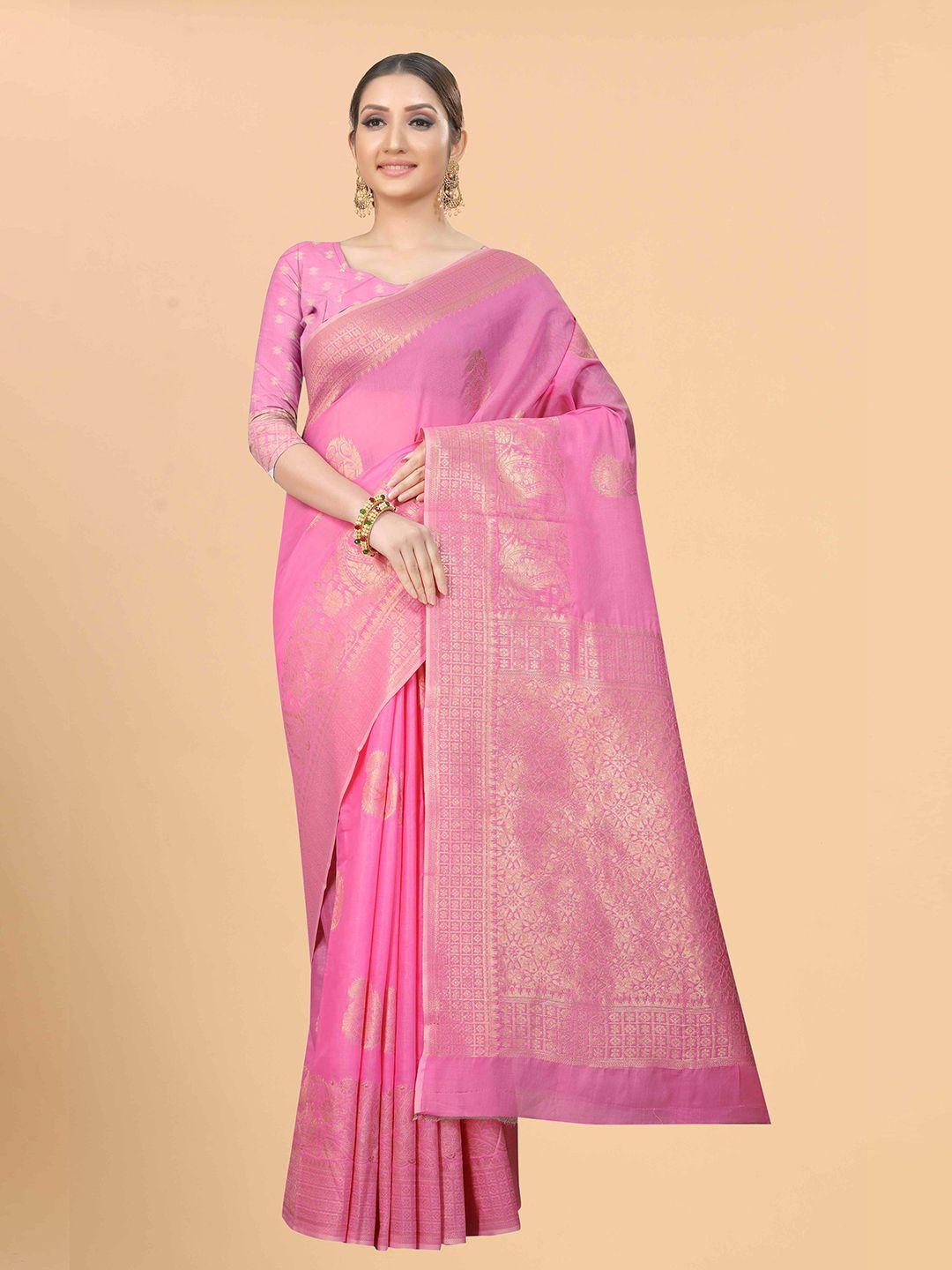 silk land pink & gold-toned paisley zari pure cotton saree