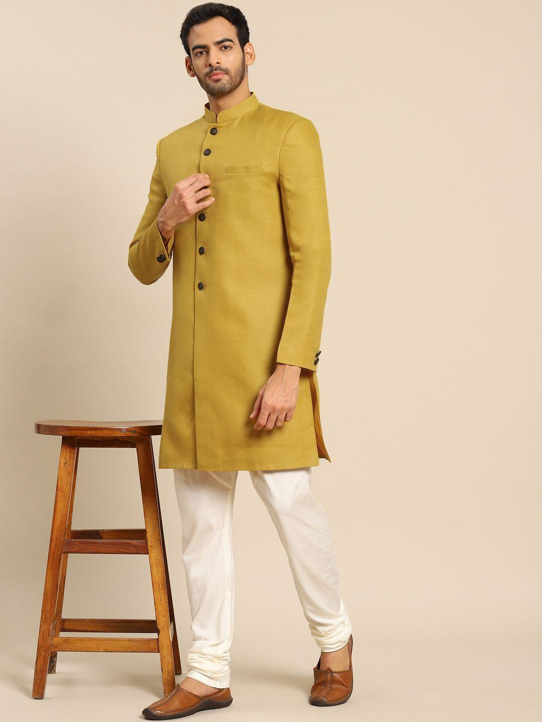 kisah men mustard & white solid sherwani