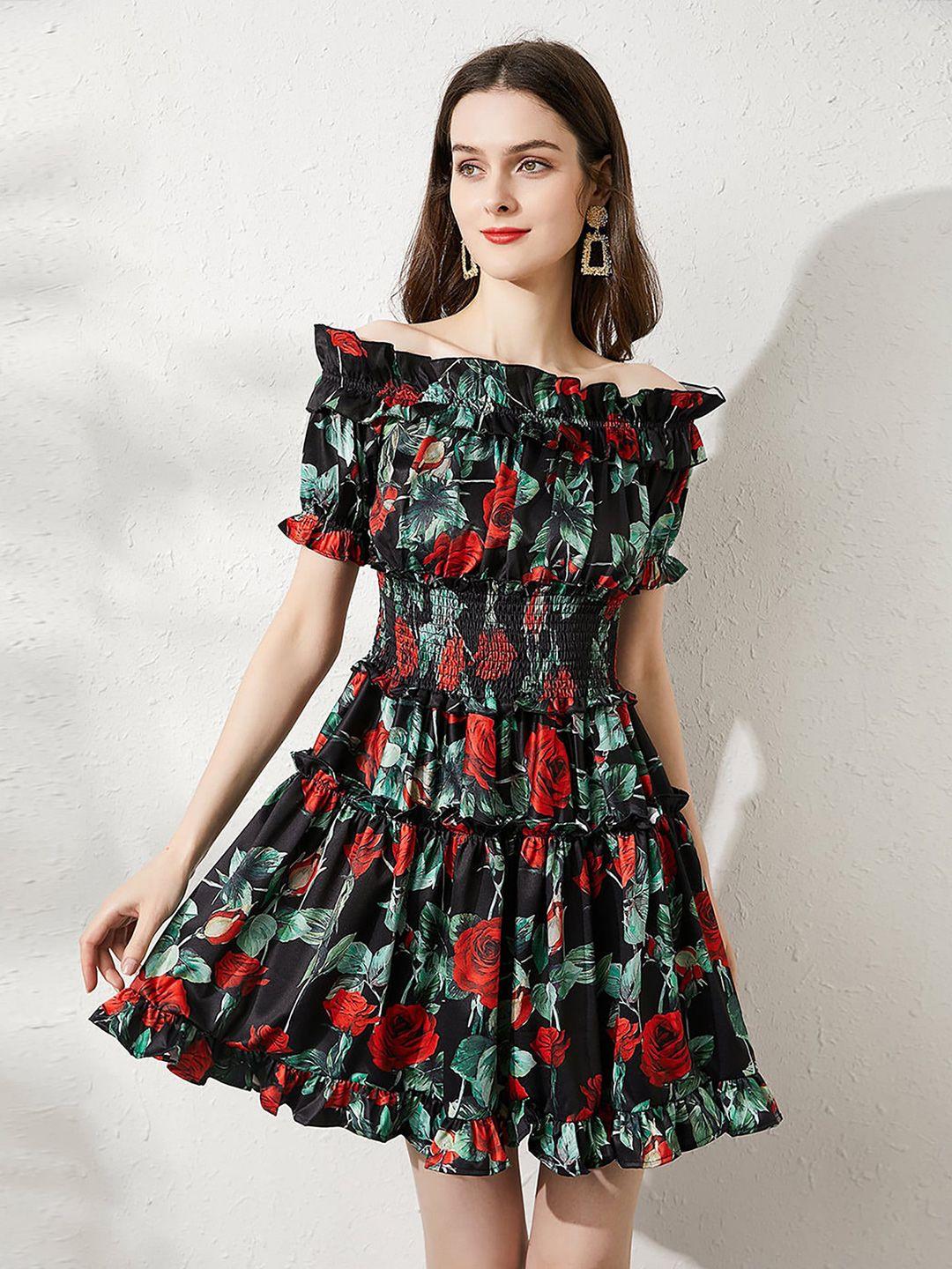 jc collection black floral printed off-shoulder smocked dress