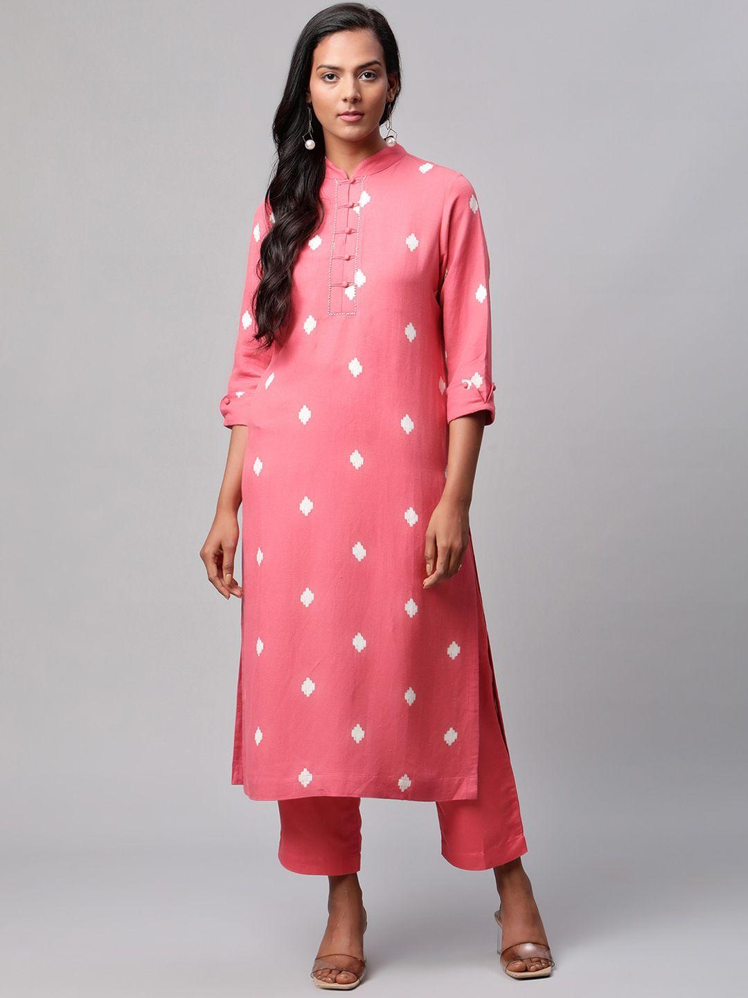 linen club woman women pink ethnic motifs printed linen sustainable kurta with trousers