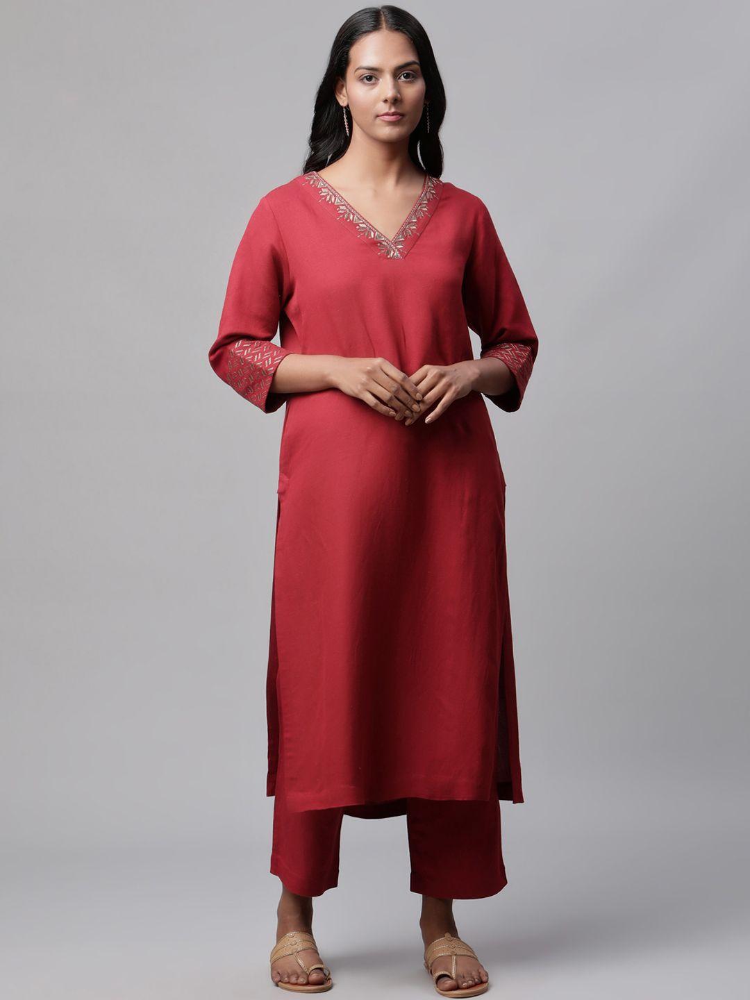 linen club woman women maroon regular linen sustainable kurta with trousers