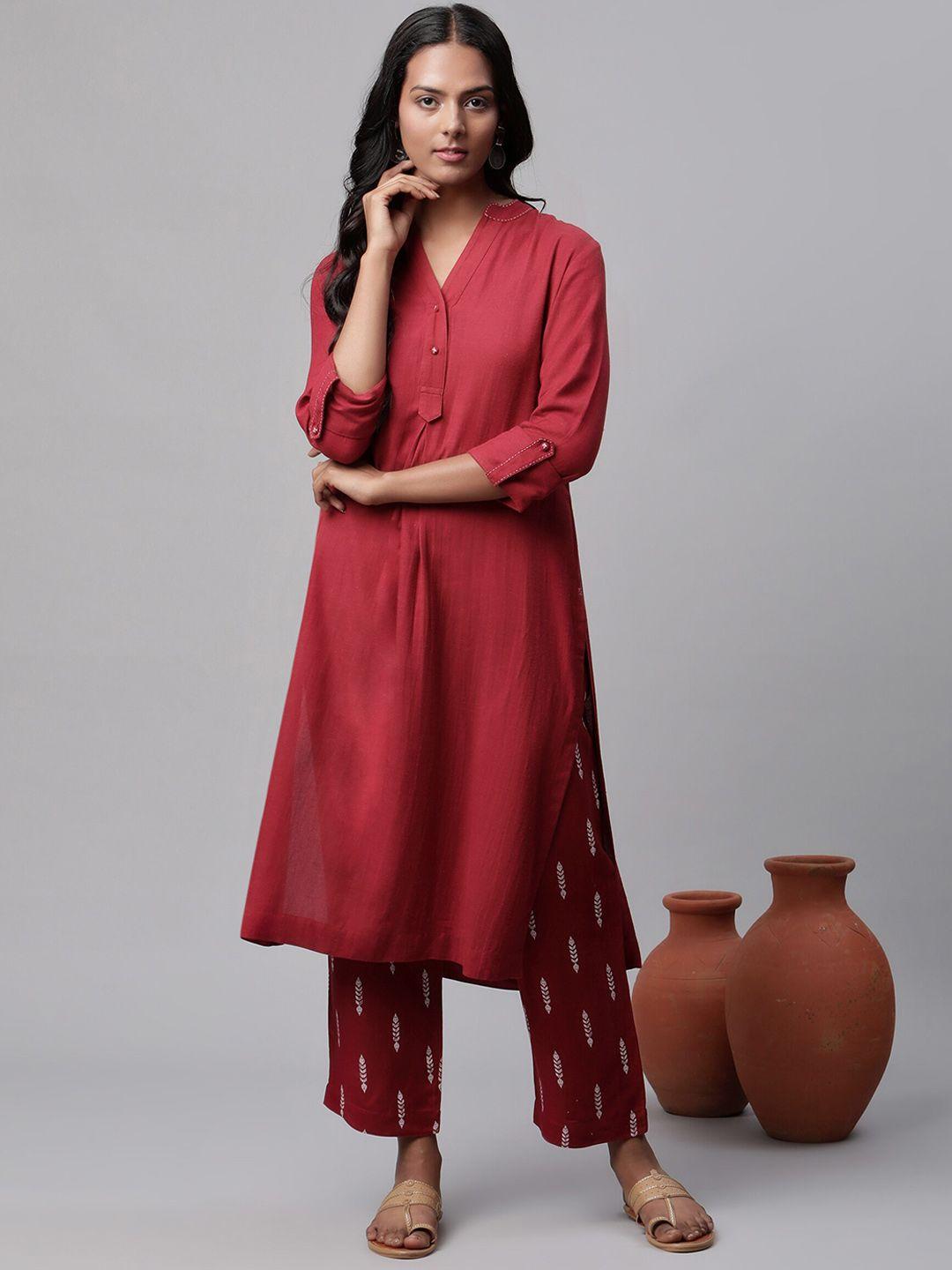 linen club woman women maroon floral linen sustainable kurta with trousers