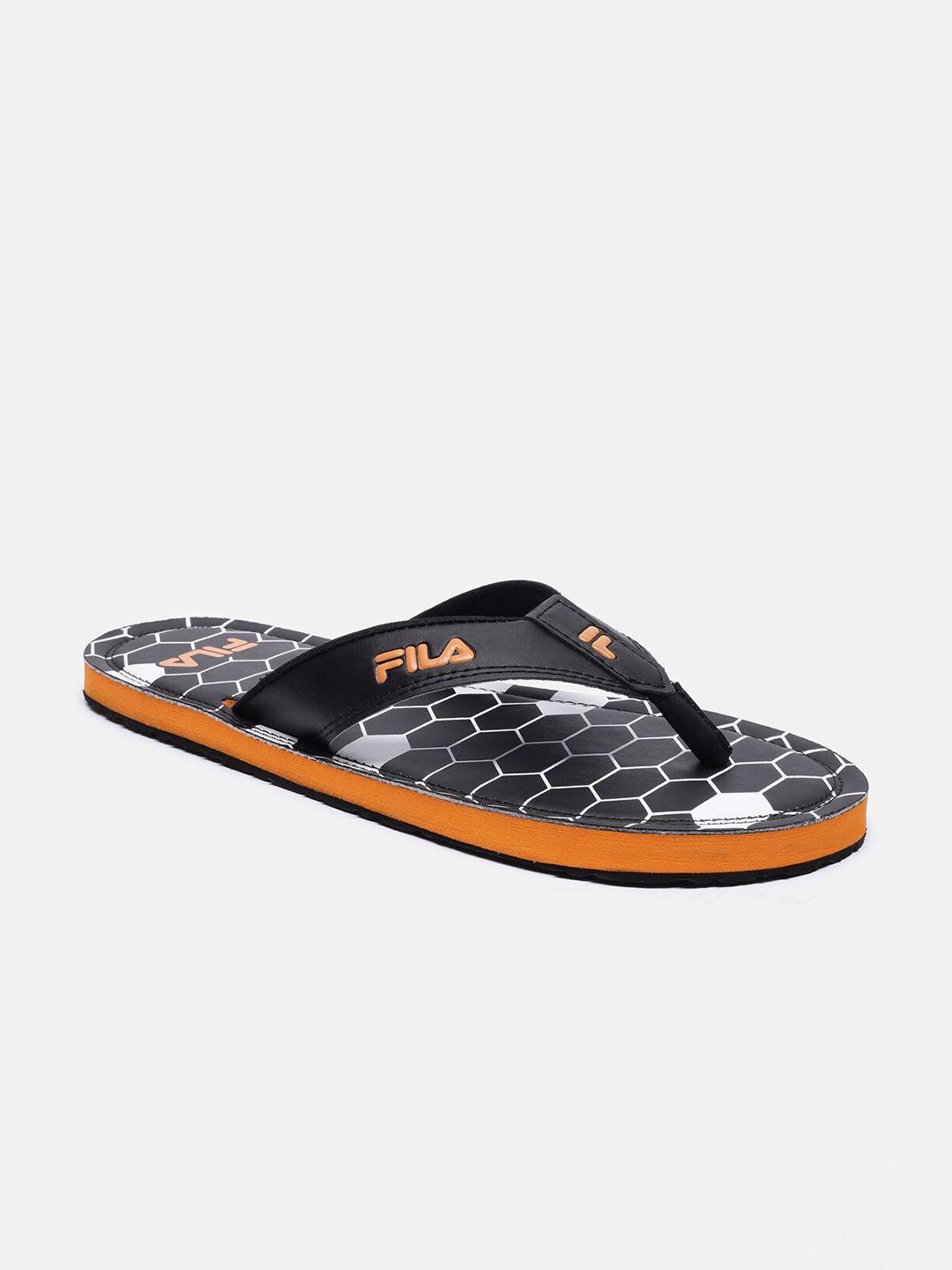 fila men black & orange printed rubber thong flip-flops