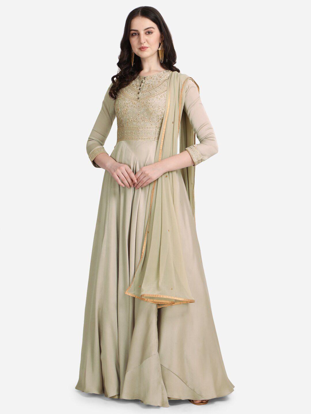 nakkashi grey embroidered satin maxi gown with dupatta