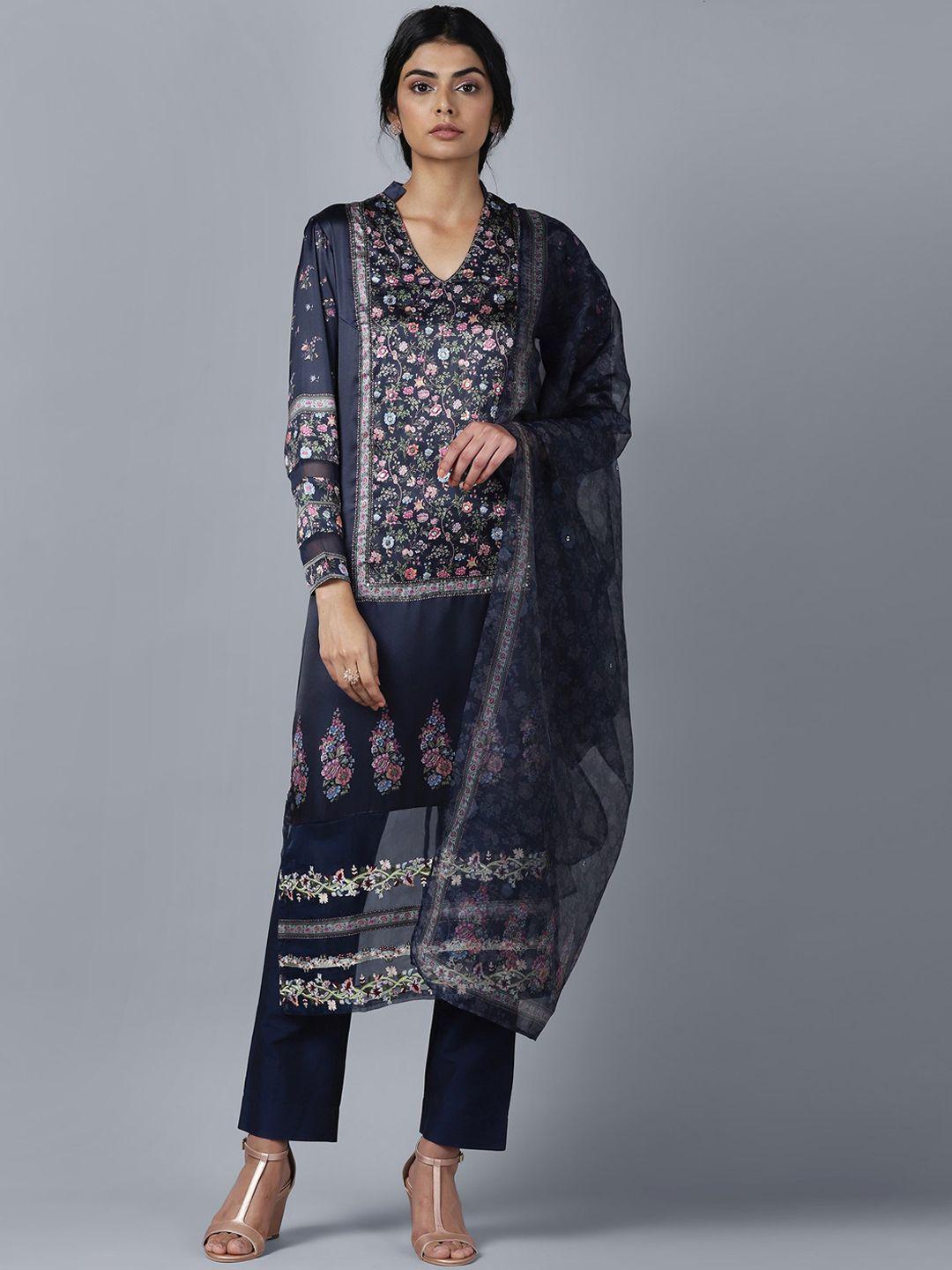 wishful women navy blue & pink floral printed kurta with trousers & dupatta