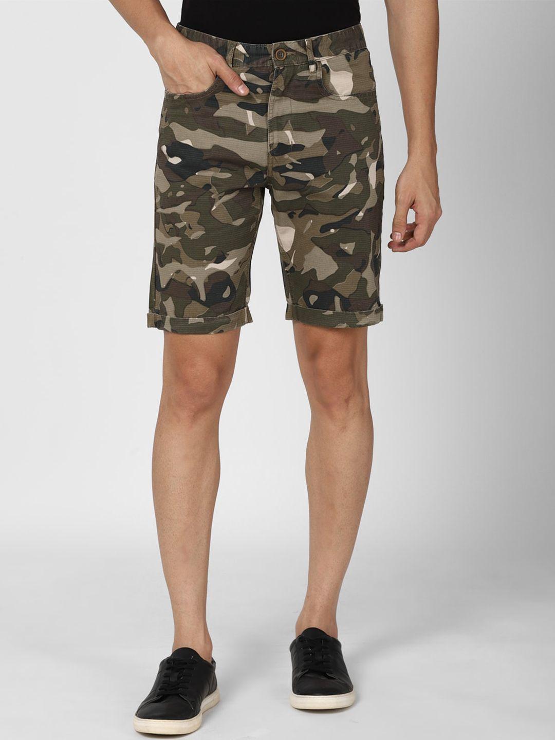 peter england casuals men olive green camouflage printed pure cotton shorts