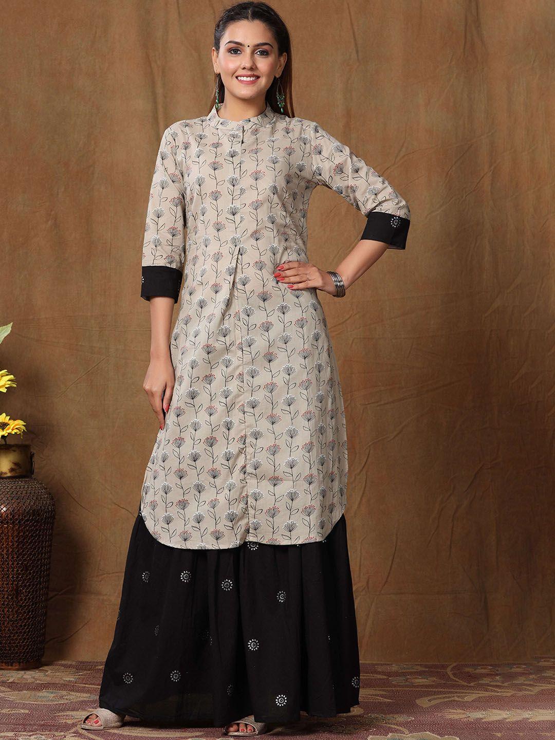 miravan women beige printed pure cotton kurta with skirt