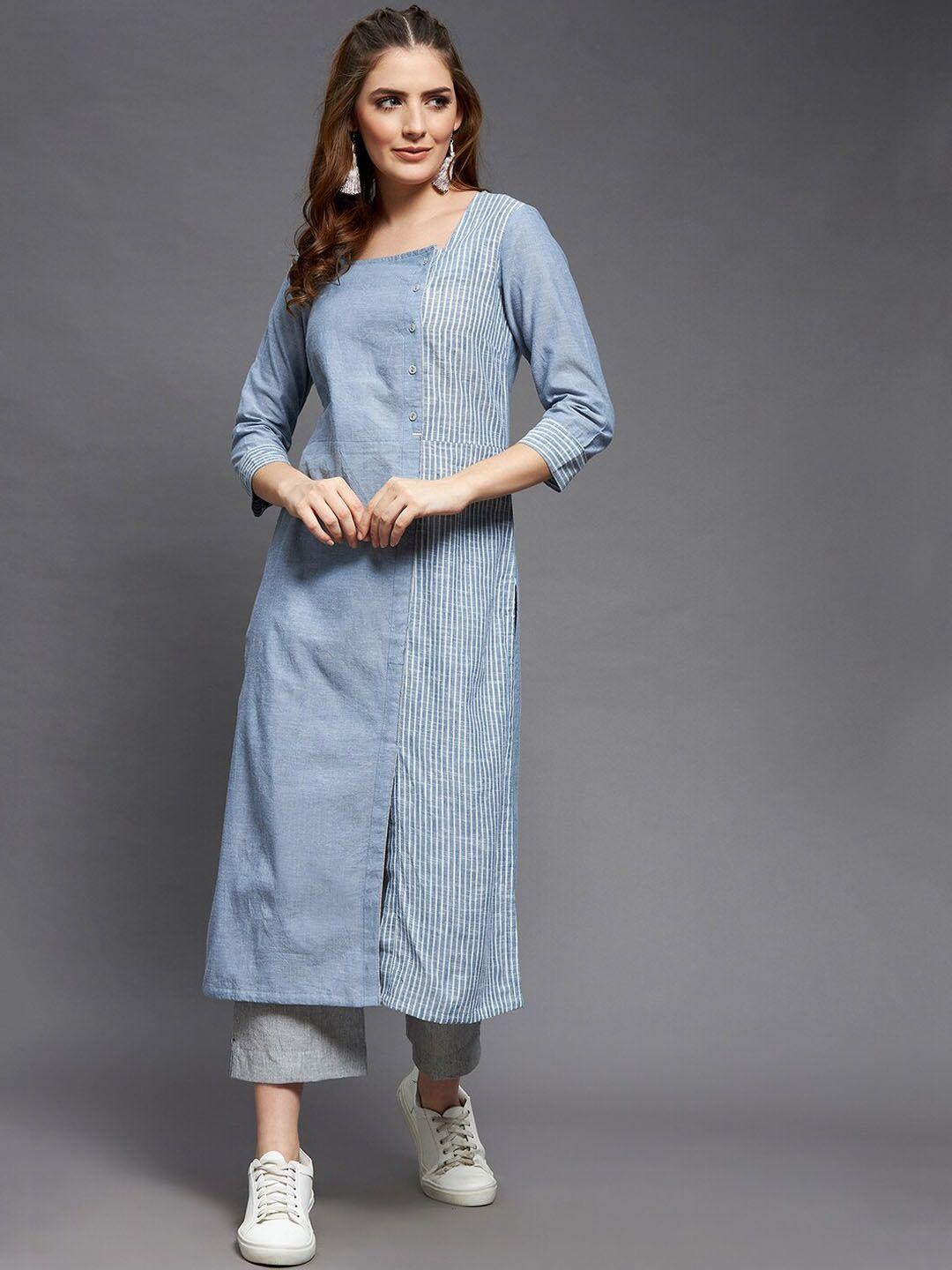 indian dobby women blue & white striped pure cotton mangalgiri kurta