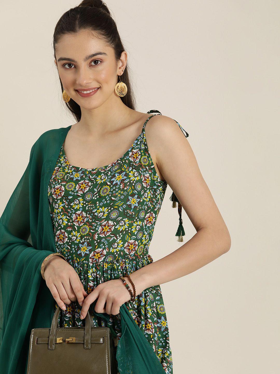 sangria women green floral print pleated kurta with trousers & dupatta