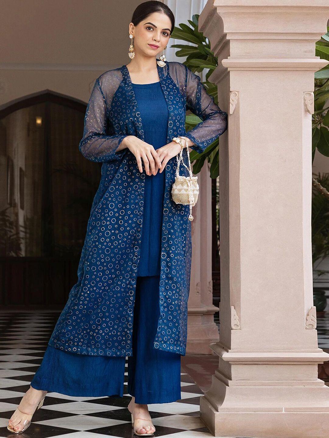 ambraee women navy blue layered kurta with palazzos