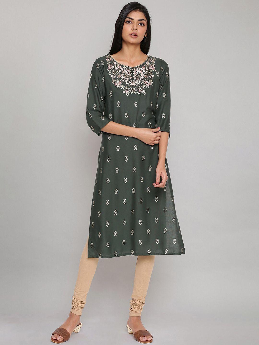 w women green ethnic motifs embroidered keyhole neck thread work kurta