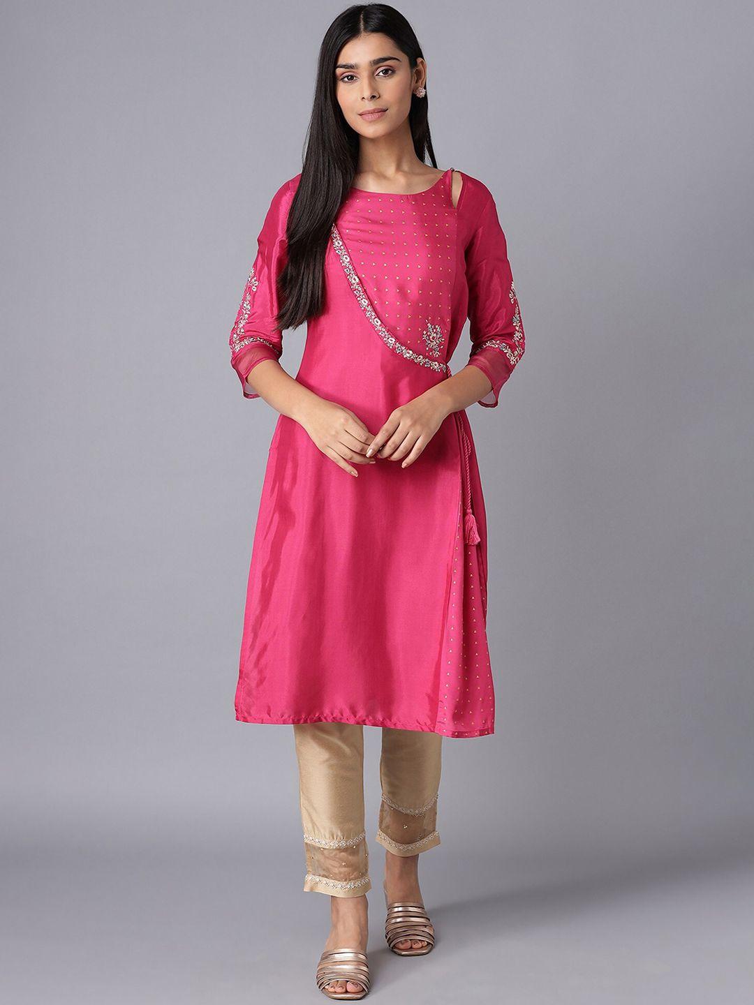 w women pink floral cold-shoulder sleeves thread work floral angrakha kurta