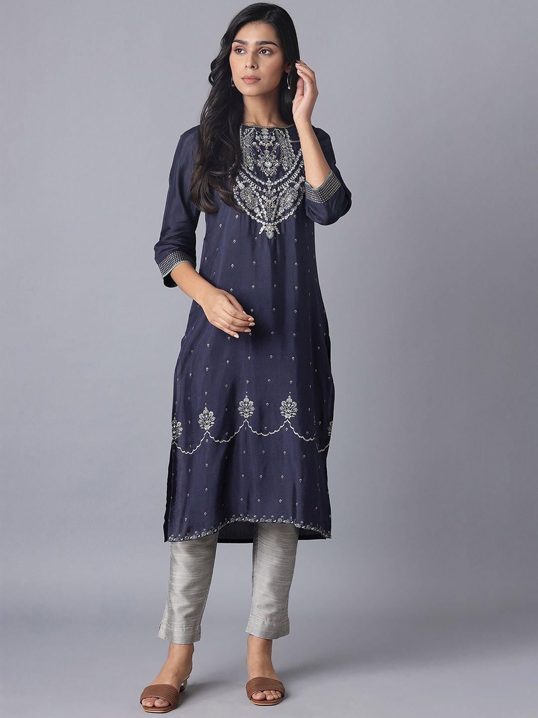 w women blue ethnic motifs printed keyhole neck flared sleeves kurta