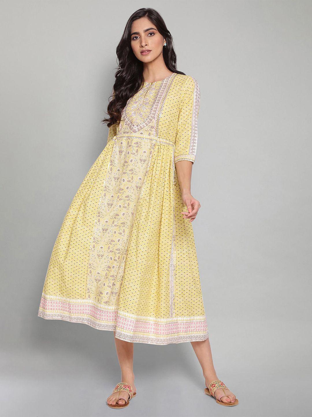 w yellow ethnic motifs a-line cotton midi dress