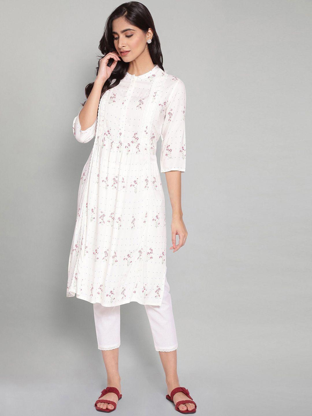 w women white floral printed thread work floral kurta