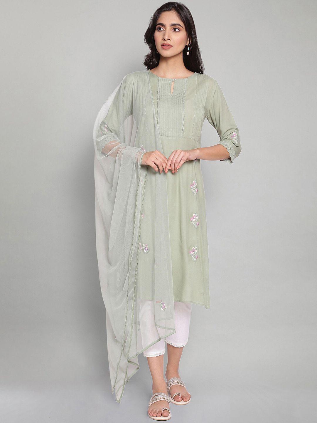 w women green floral embroidered keyhole neck chikankari kurta