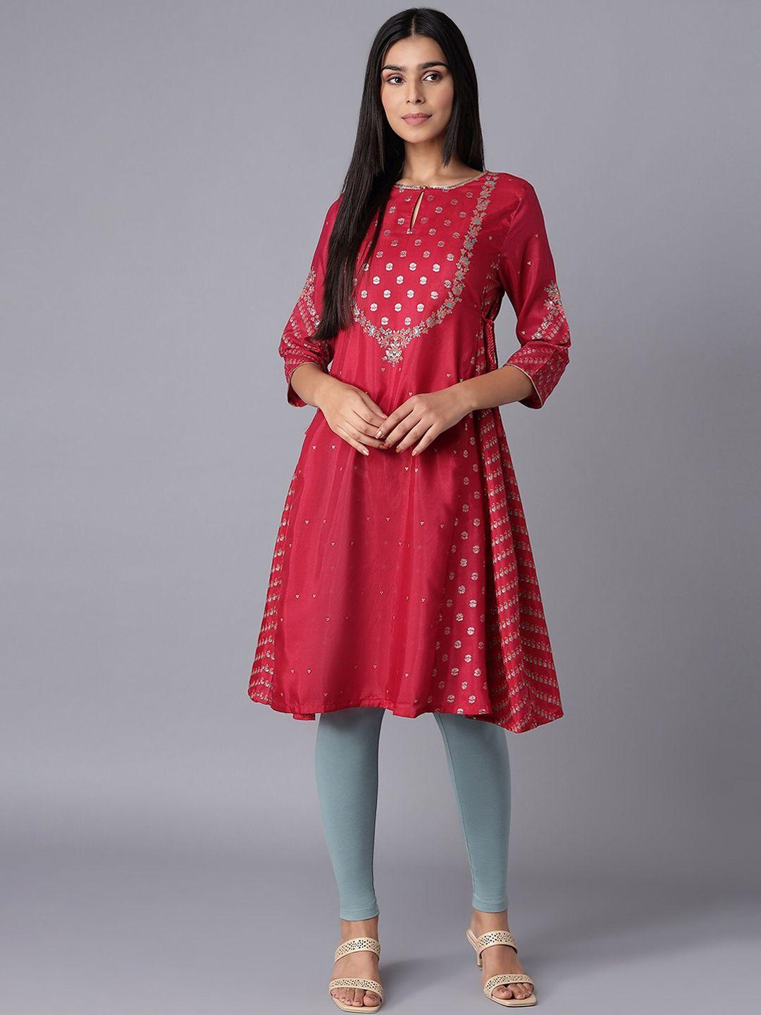 w women red ethnic motifs embroidered keyhole neck kurta