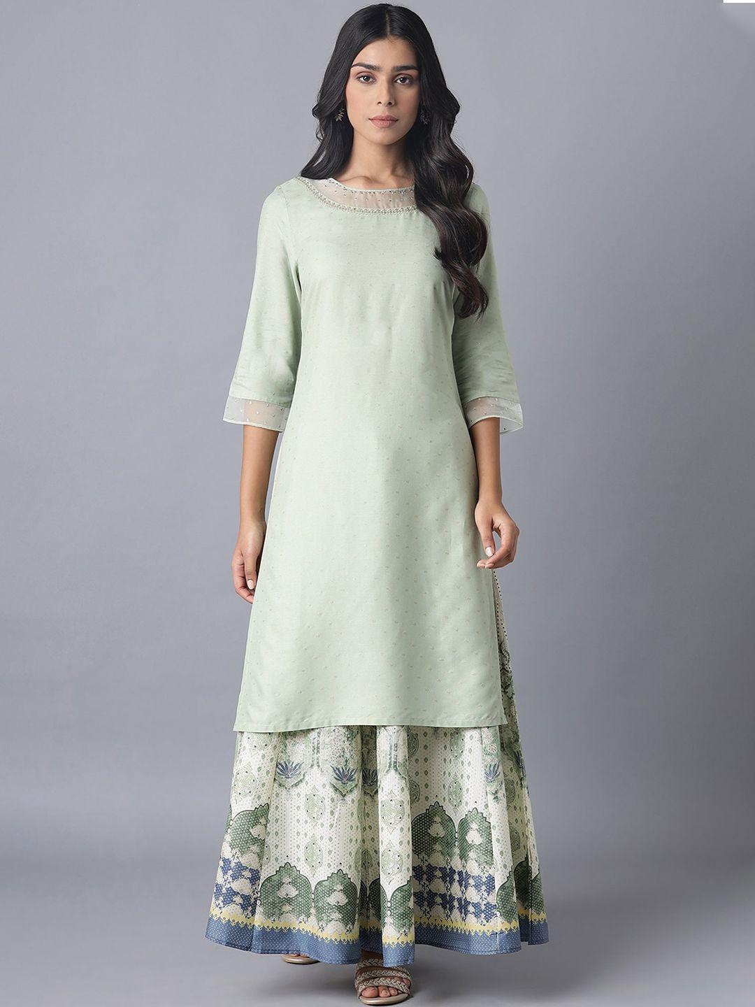 w women green geometric embroidered thread work kurta