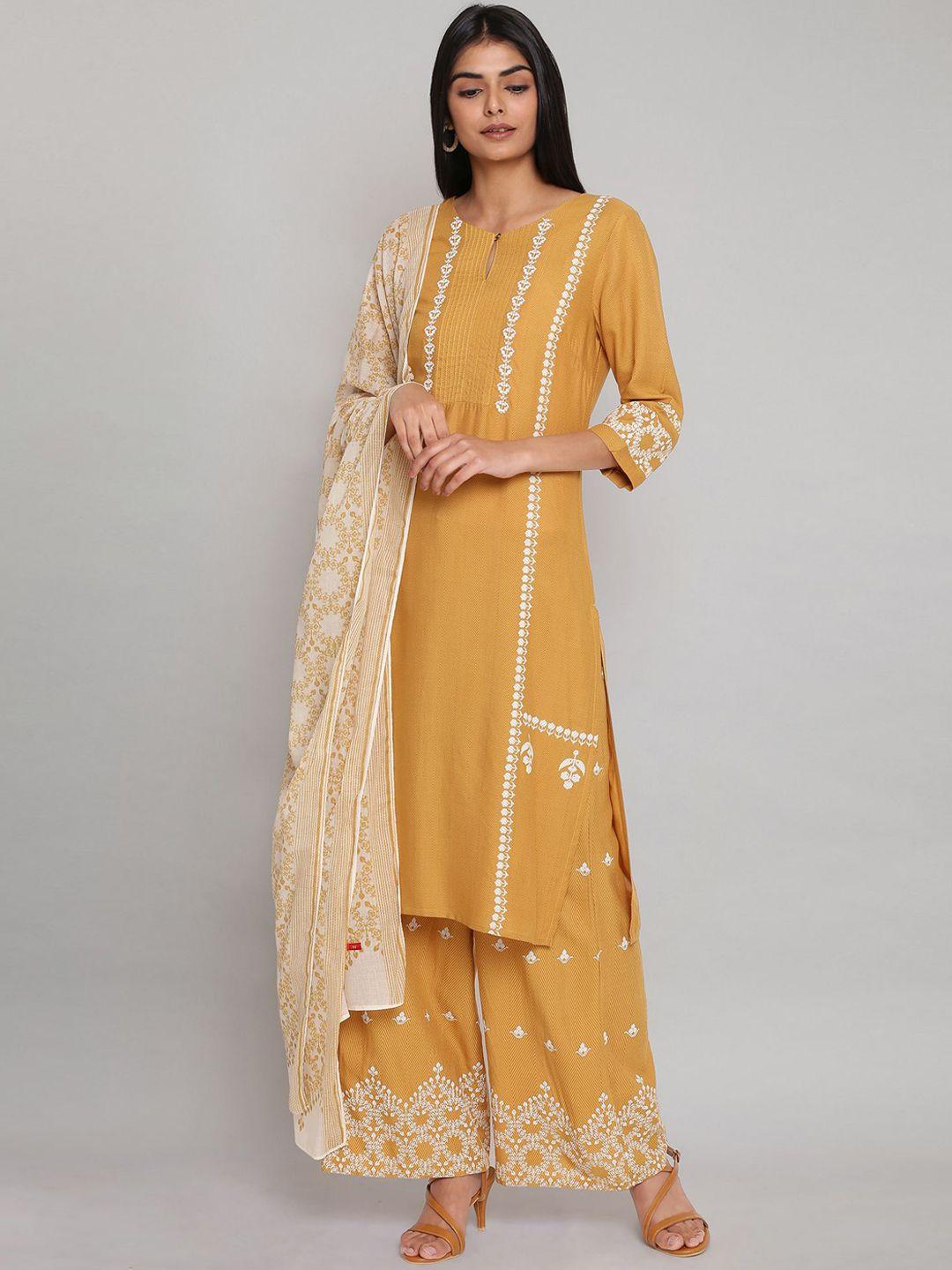 w women yellow floral kurta with sharara & with dupatta