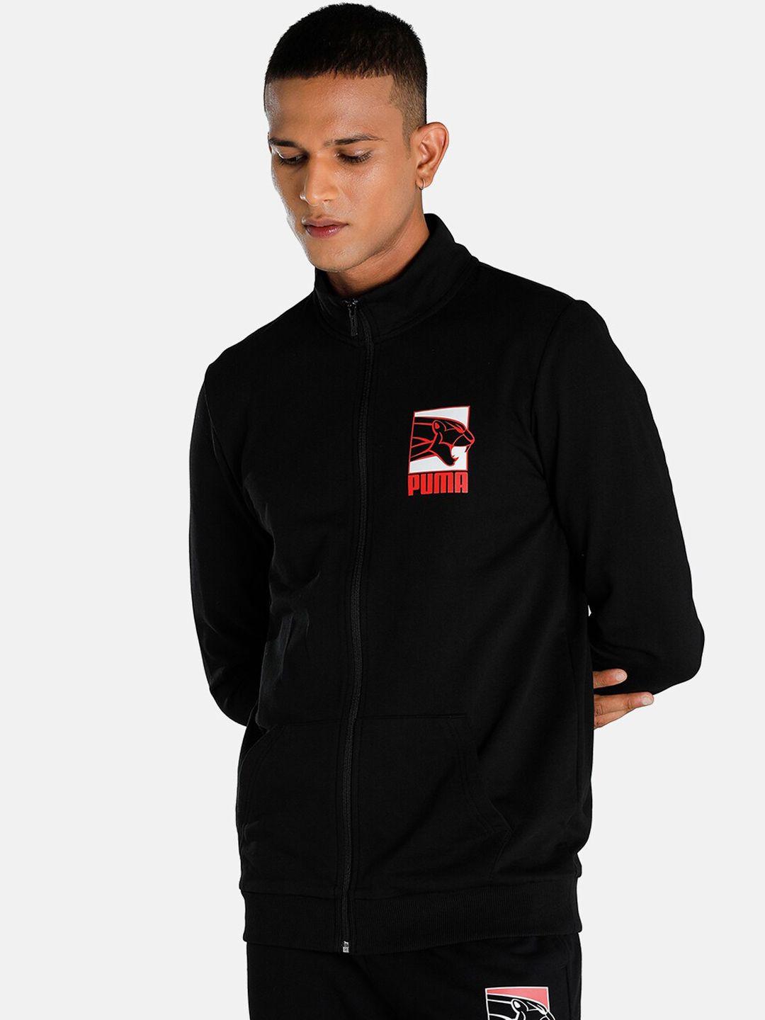 puma men black sporty track jacket with patchwork