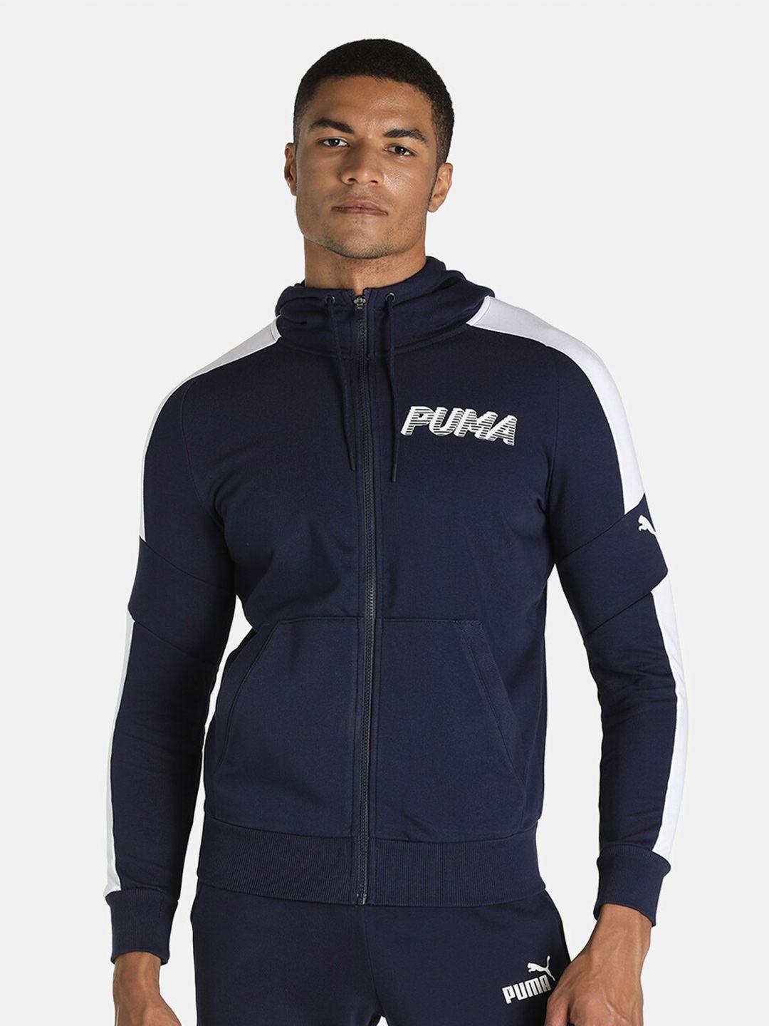 puma men navy blue colourblocked hooded sweatshirt