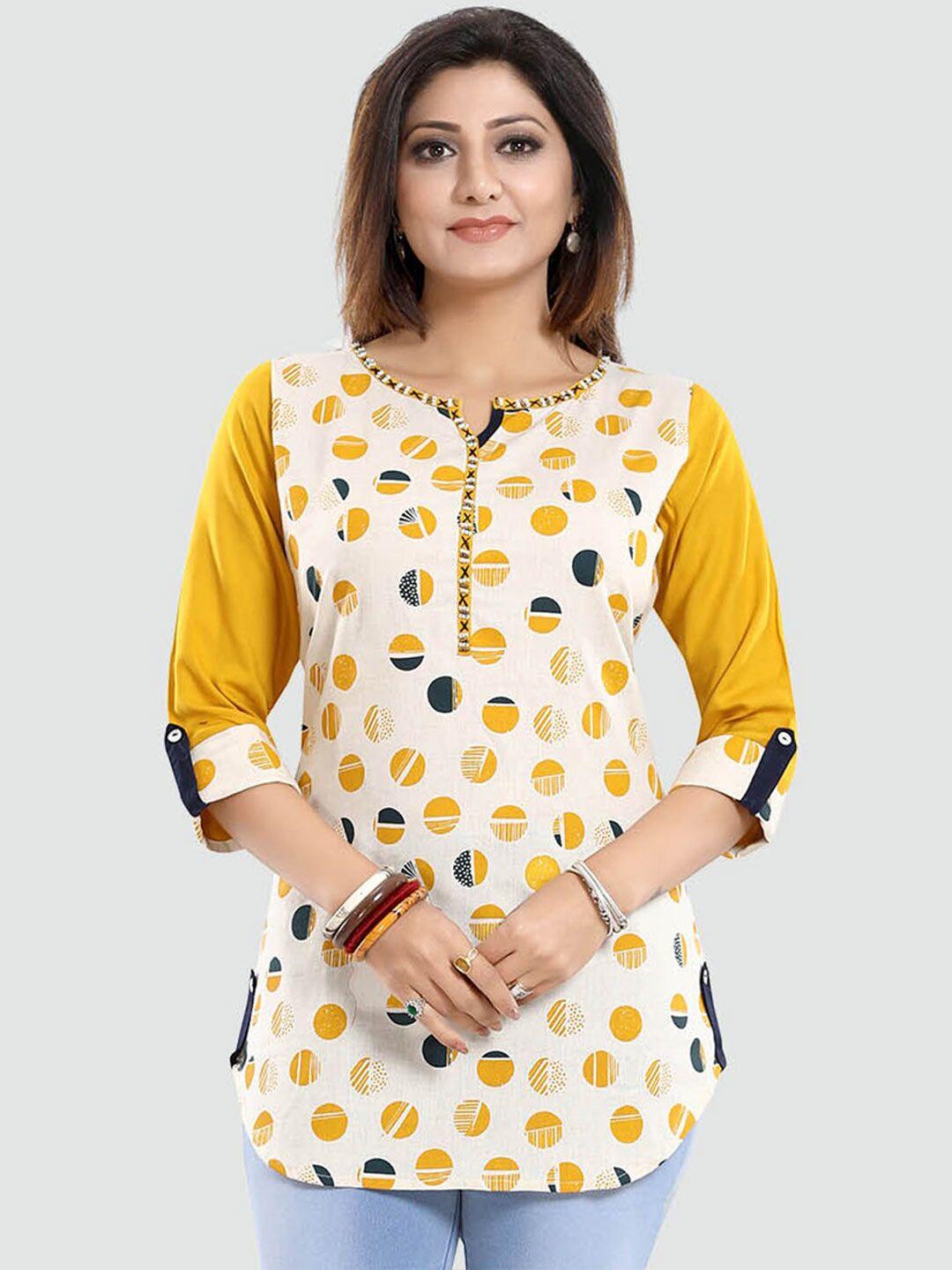 saree swarg women cream-coloured & yellow geometric printed kurti